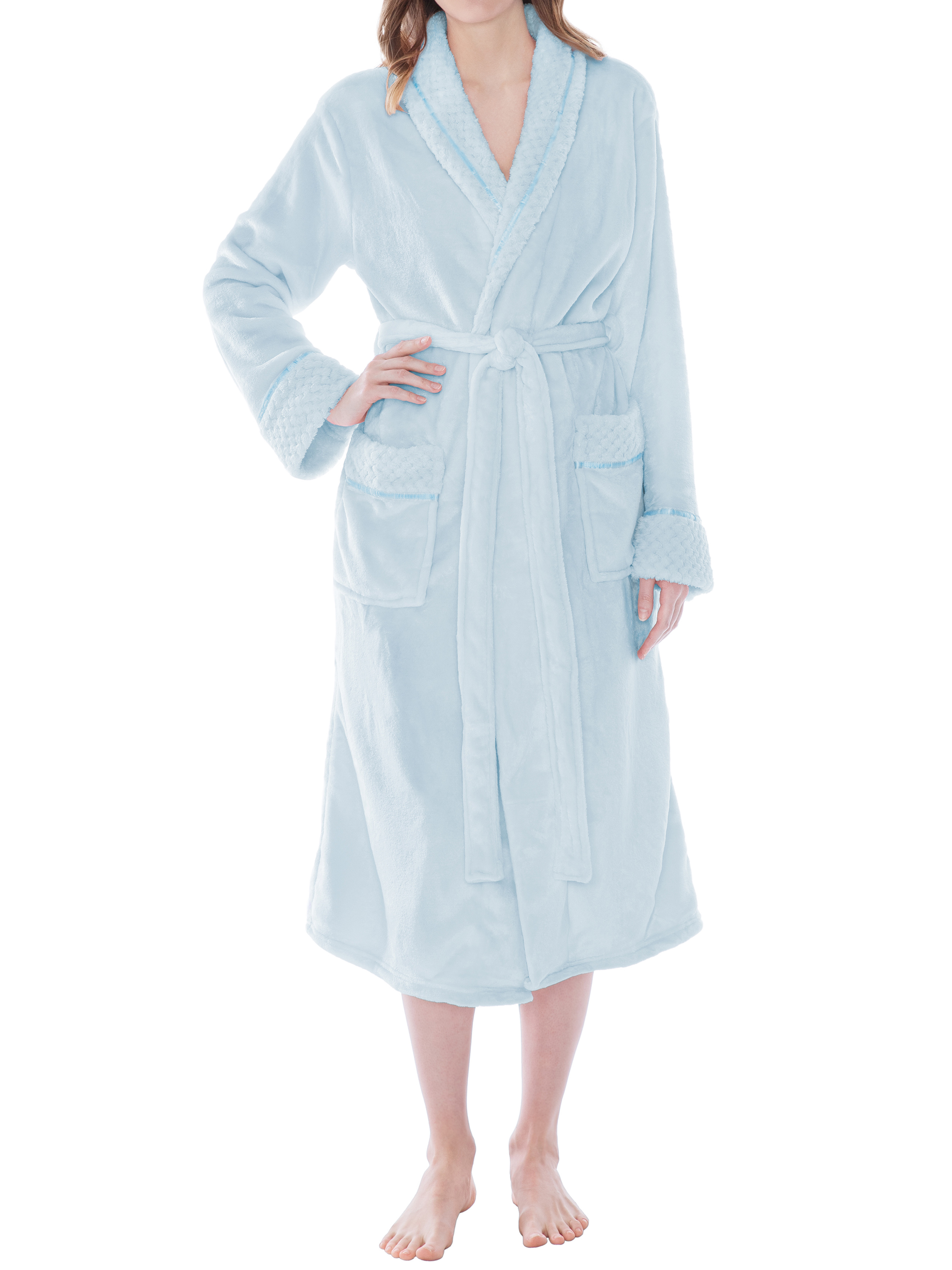 Womens Fleece Robe with Waffle Trim Plush Soft Warm Long Spa Night Bathrobe Lady