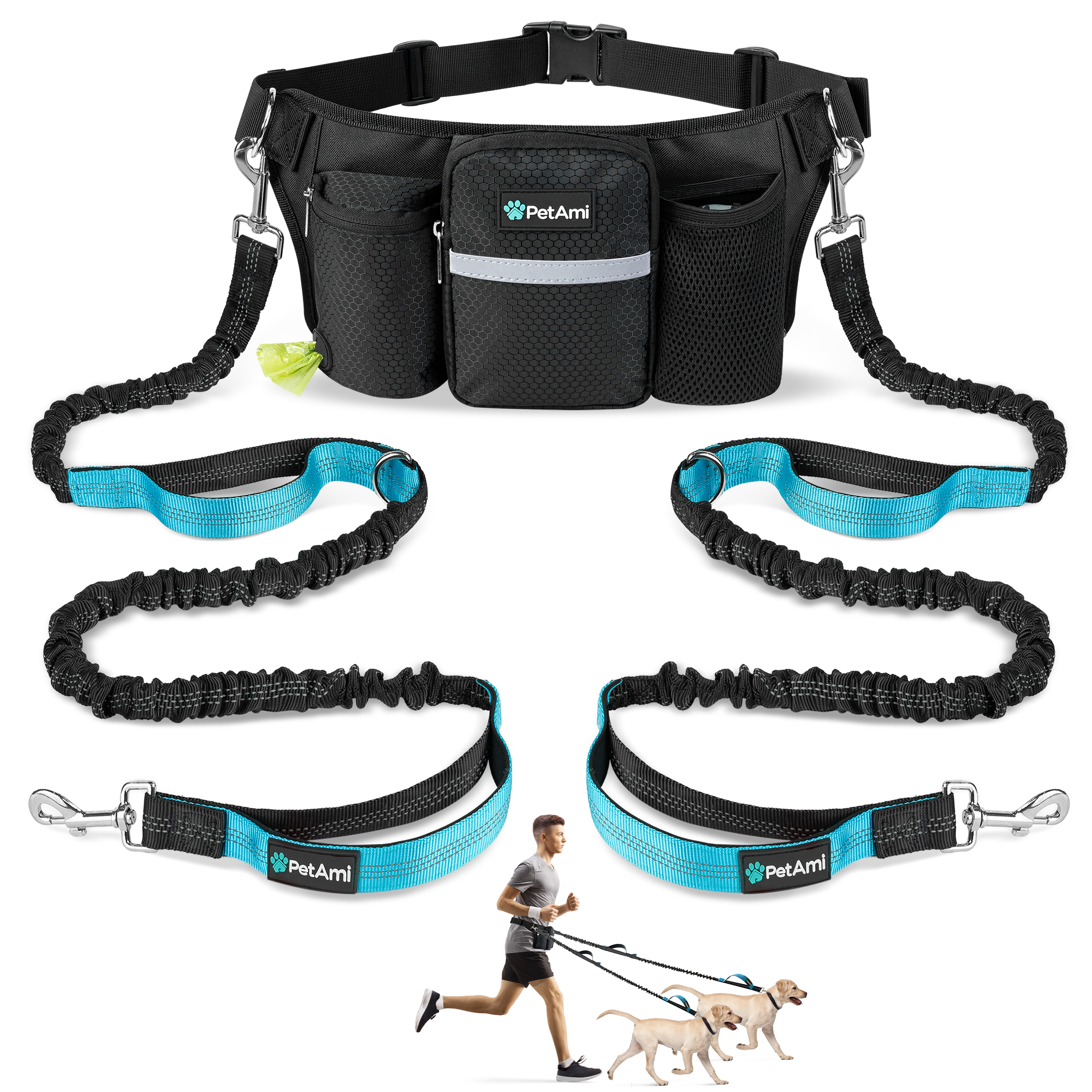 Hands Free Dog Bungee Leash Adjustable Waist Pouch for 2 Dogs Walking Running - Picture 2 of 25