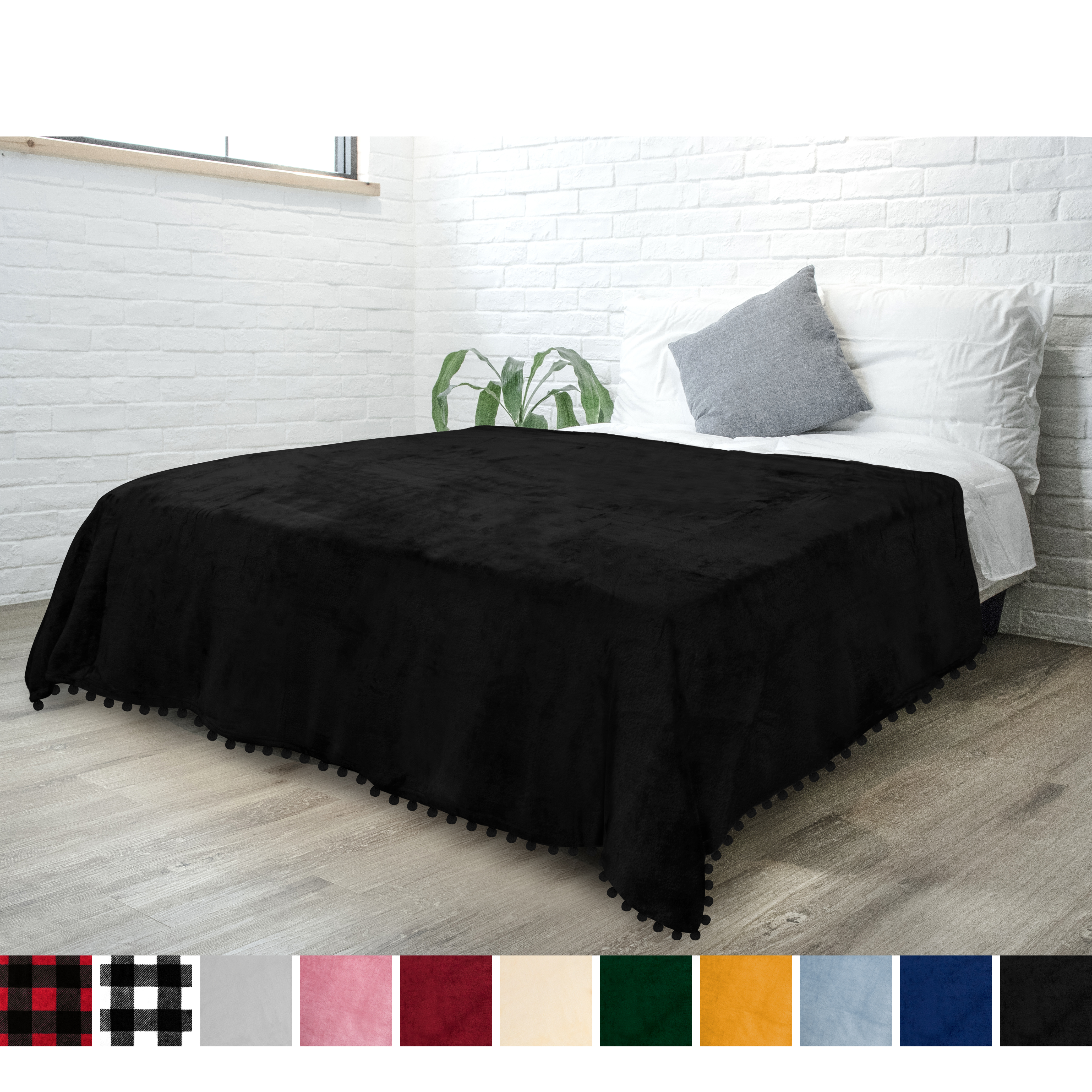 thumbnail 9 - Fleece Throw Blanket with Pom Pom Fringe Super Soft Lightweight Bed Couch Home