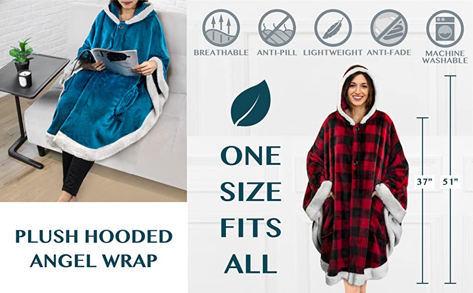 Wearable Blanket Women Poncho Wrap with Hood Pockets Fleece Throw Hoodie Shawl - Picture 28 of 72