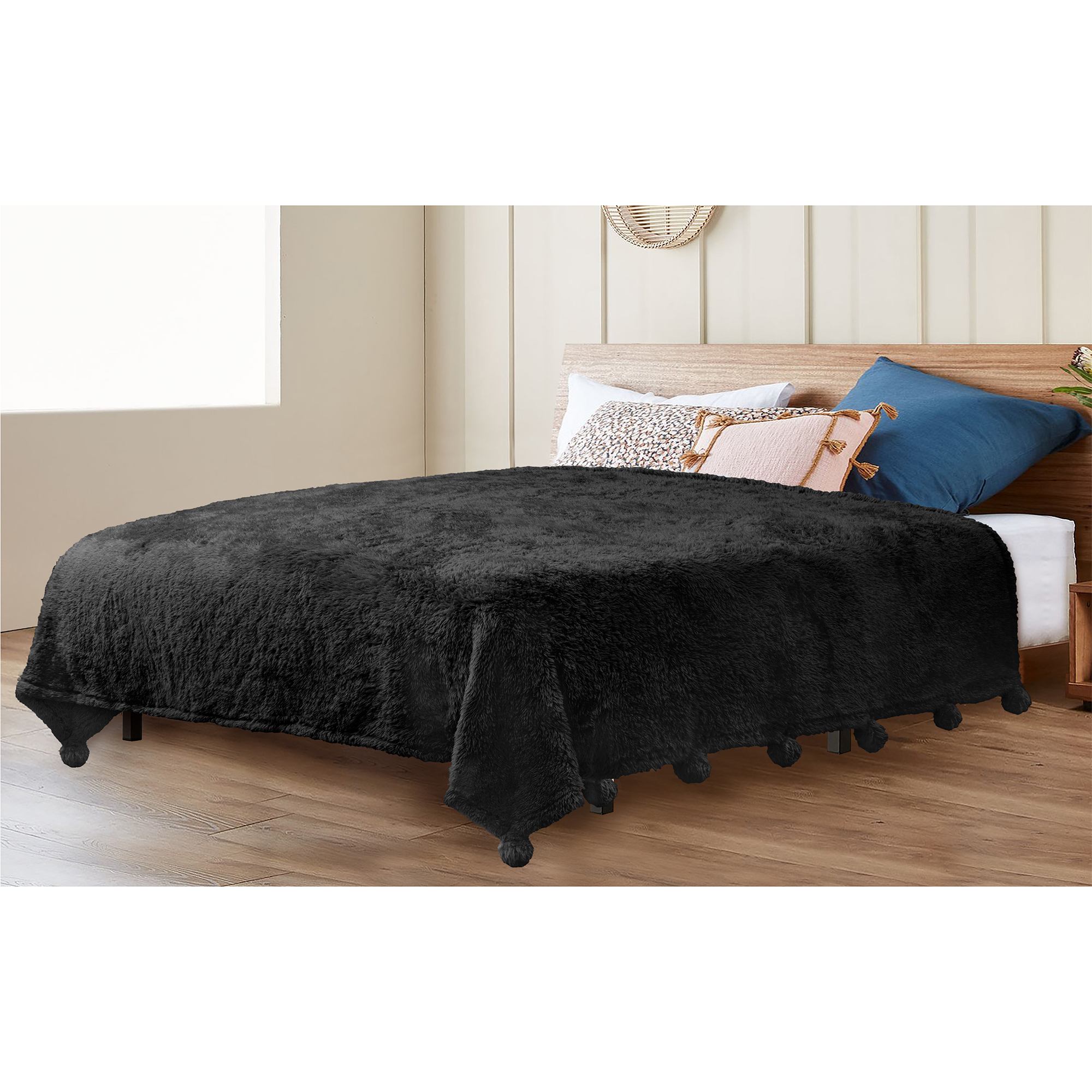 Soft Fuzzy Cozy Pom Pom Throw Blanket with Fluffy Sherpa Fleece for Sofa Couch - Picture 11 of 100