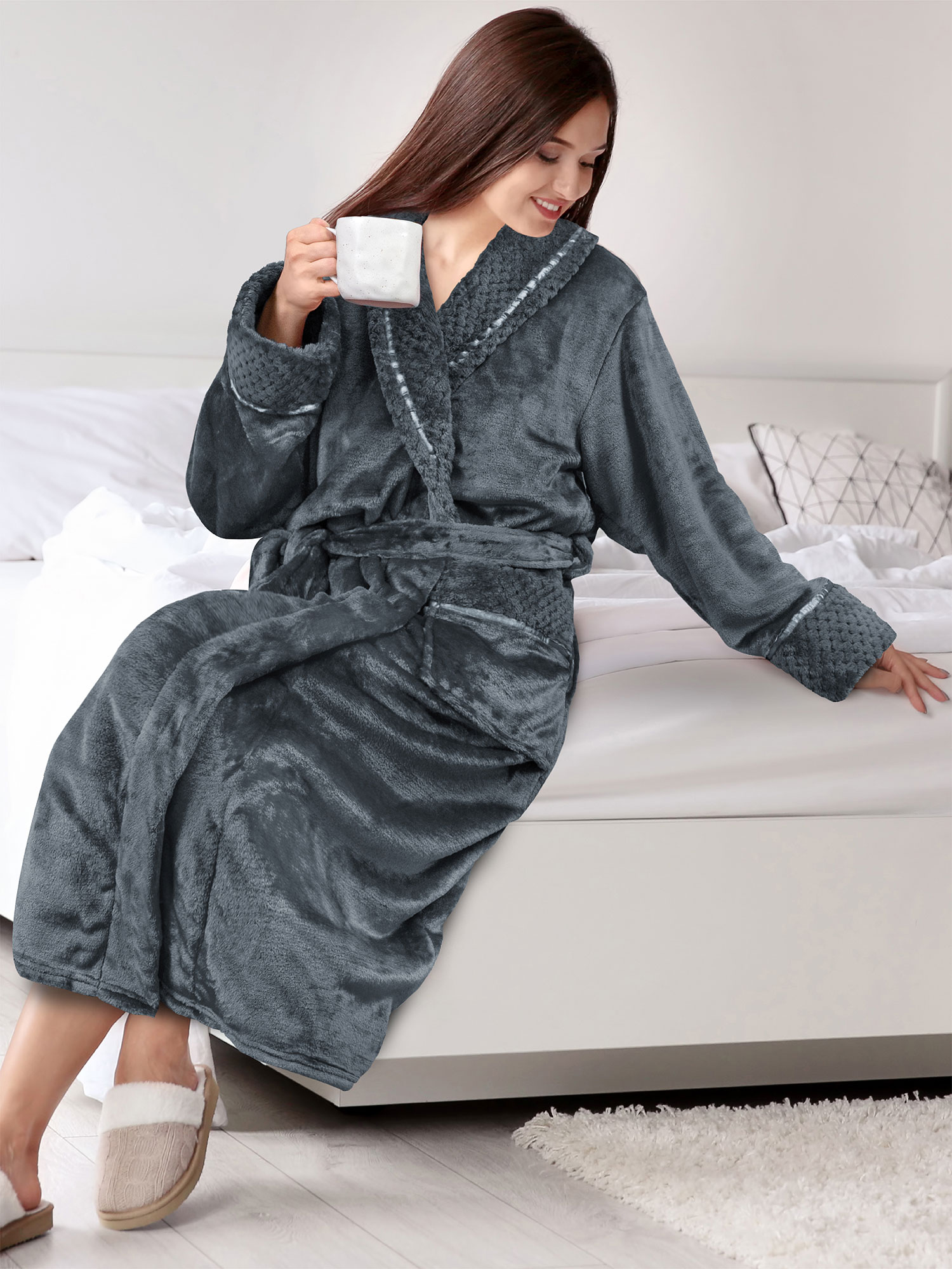 Womens Fleece Robe with Waffle Trim Plush Soft Warm Long Spa Night Bathrobe Lady