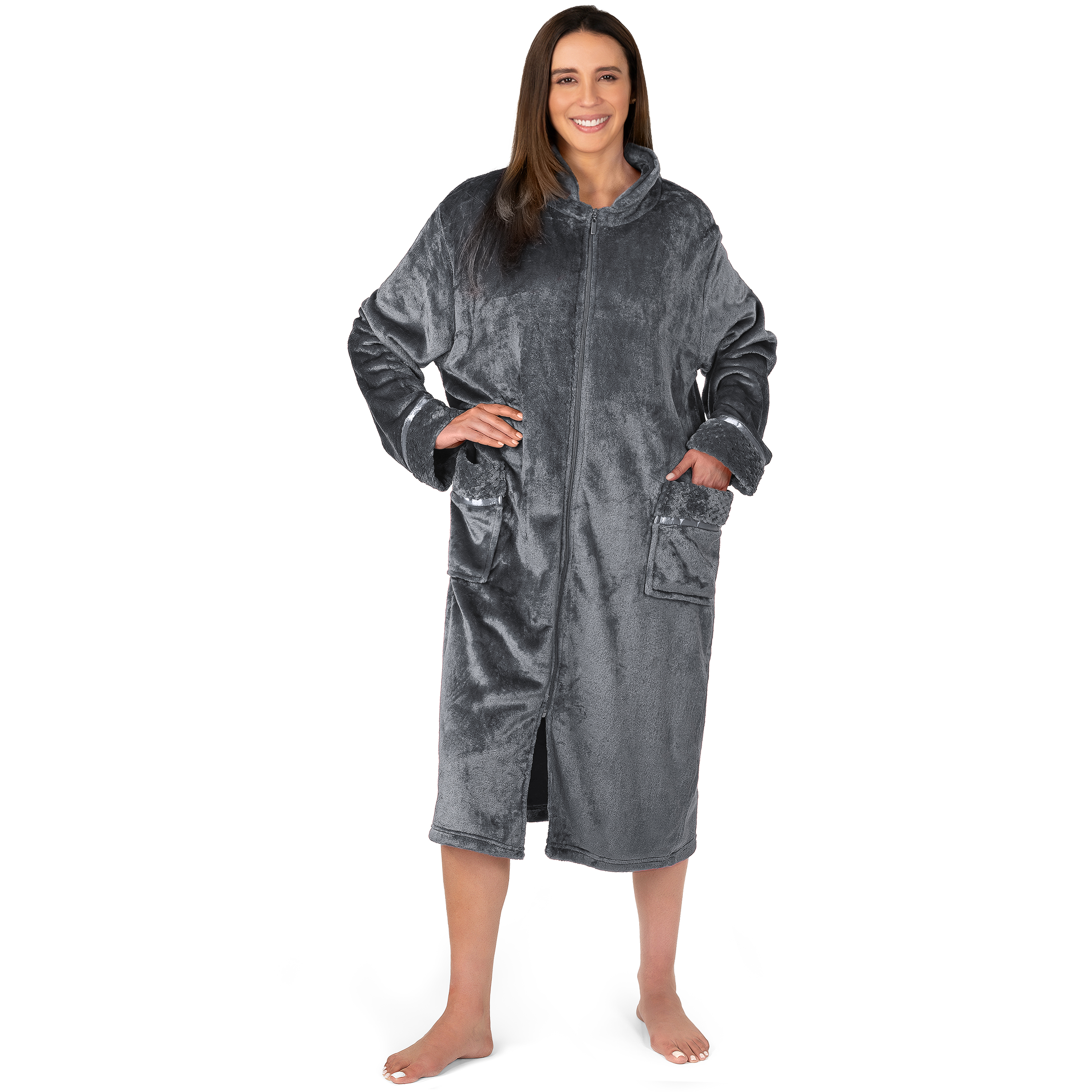 Women Zipper Robe Housecoat Lounger Zip Up Robe Full Length Satin Trim Ladies - Picture 17 of 89
