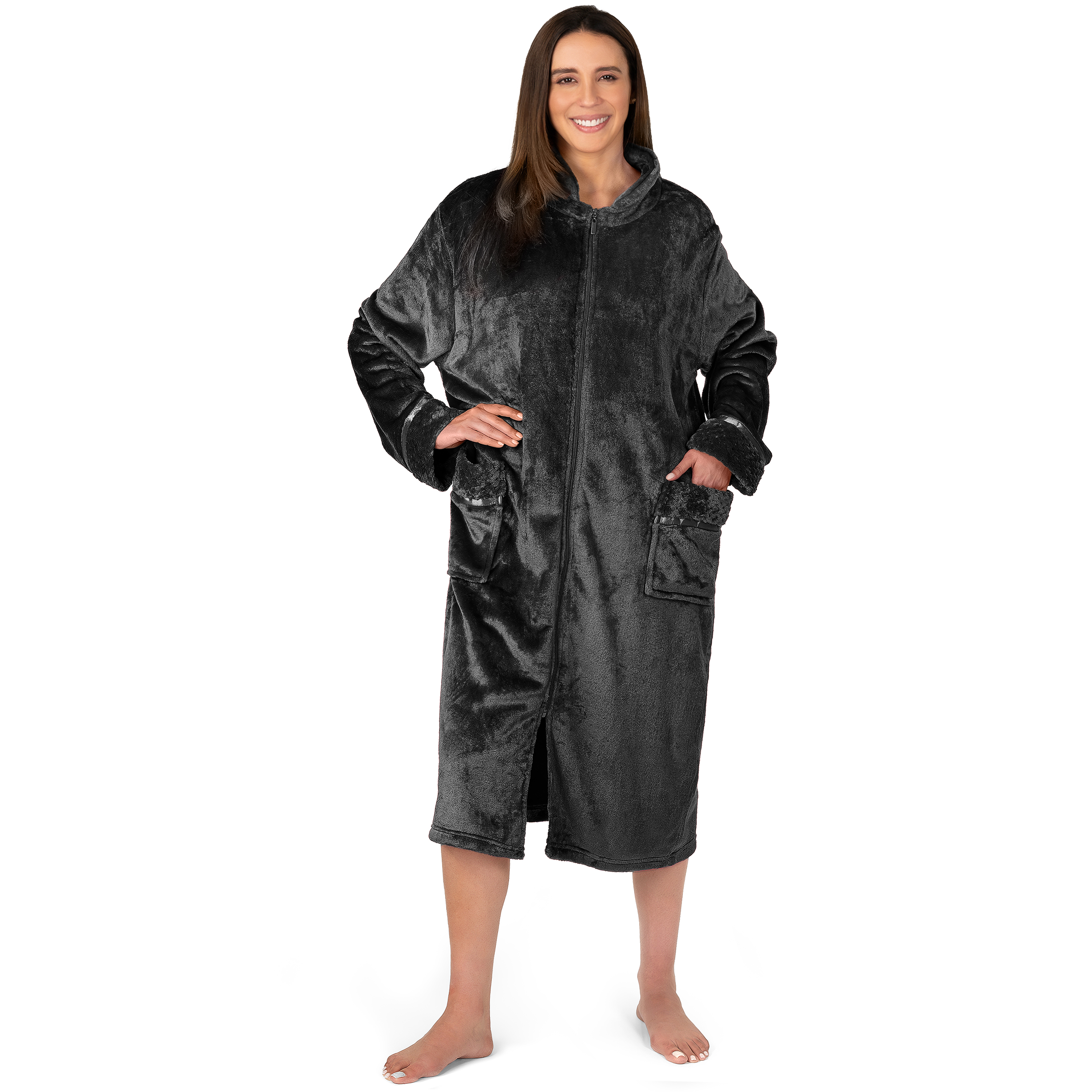 Women Zipper Robe Housecoat Lounger Zip Up Robe Full Length Satin Trim Ladies - Picture 9 of 89