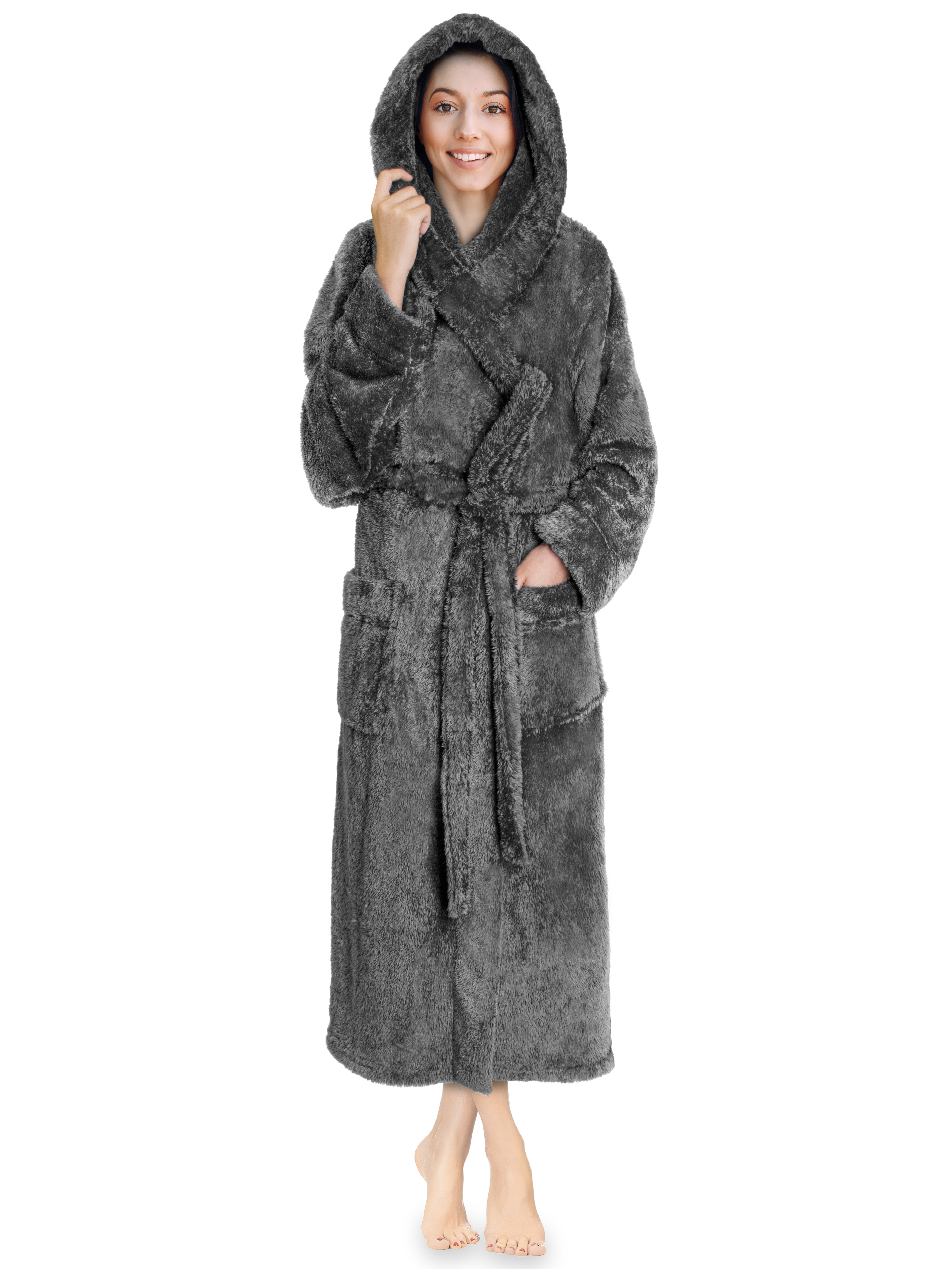 Womens Hooded Bathrobe Ladies Fluffy Sherpa Spa Long Robe Shawl Collar Soft  Warm