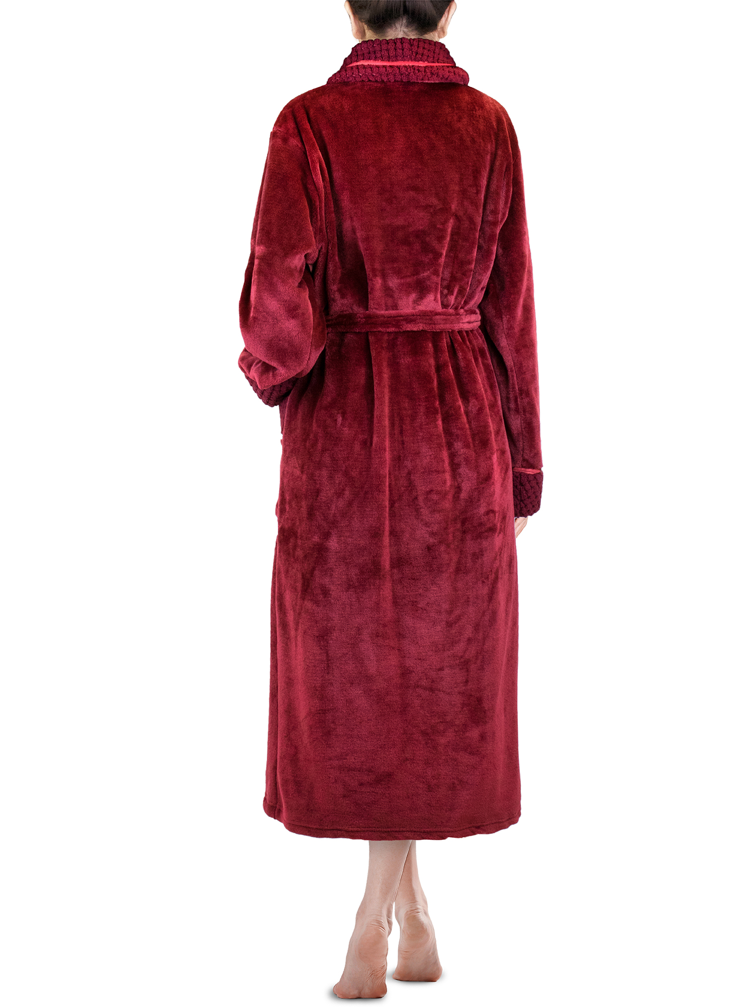 Womens Fleece Robe with Waffle Trim Plush Soft Warm Long Spa Night Bathrobe Lady