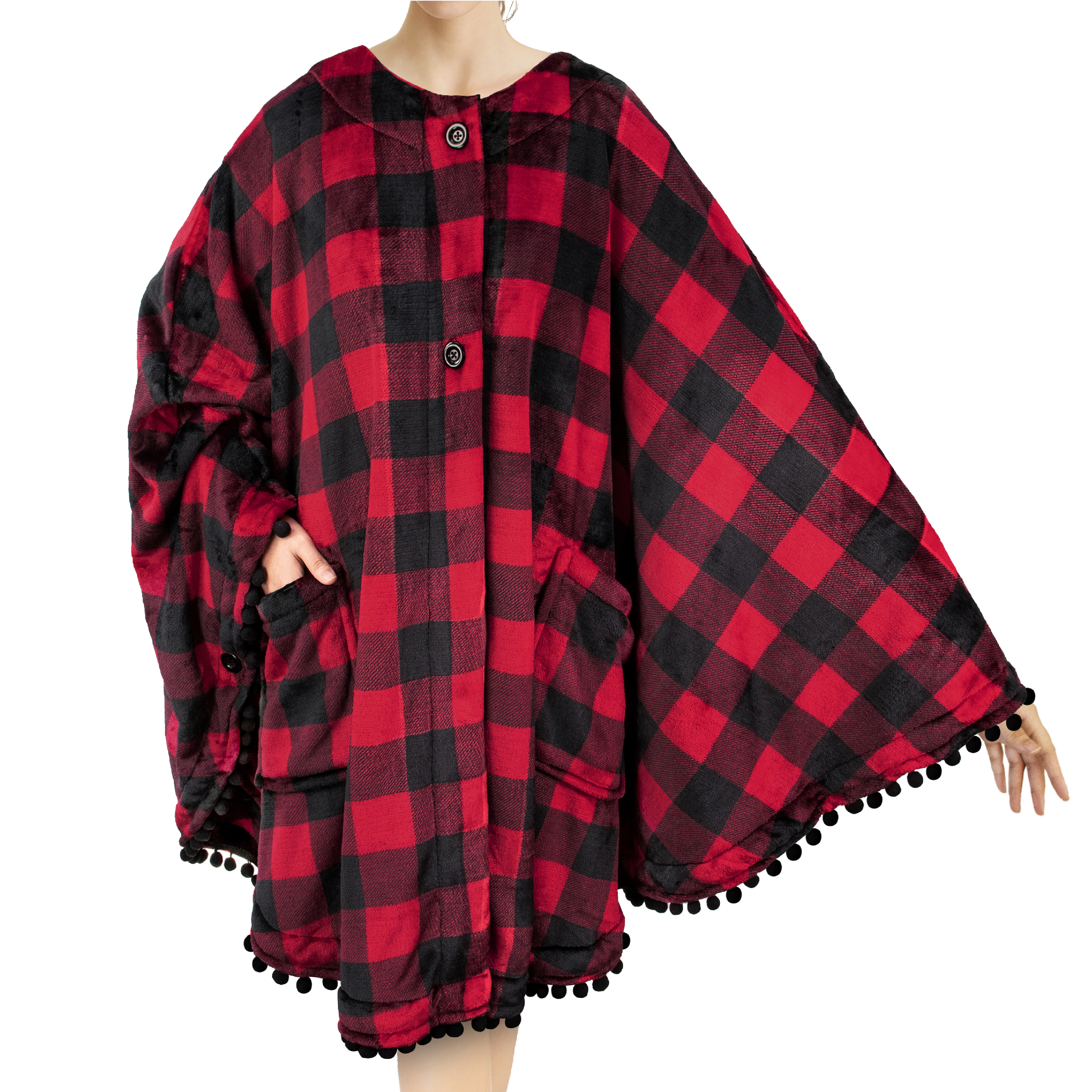 Poncho Wearable Blanket Wrap Shawl Cape With Pom Pom Pocket Angel Wrap for Women