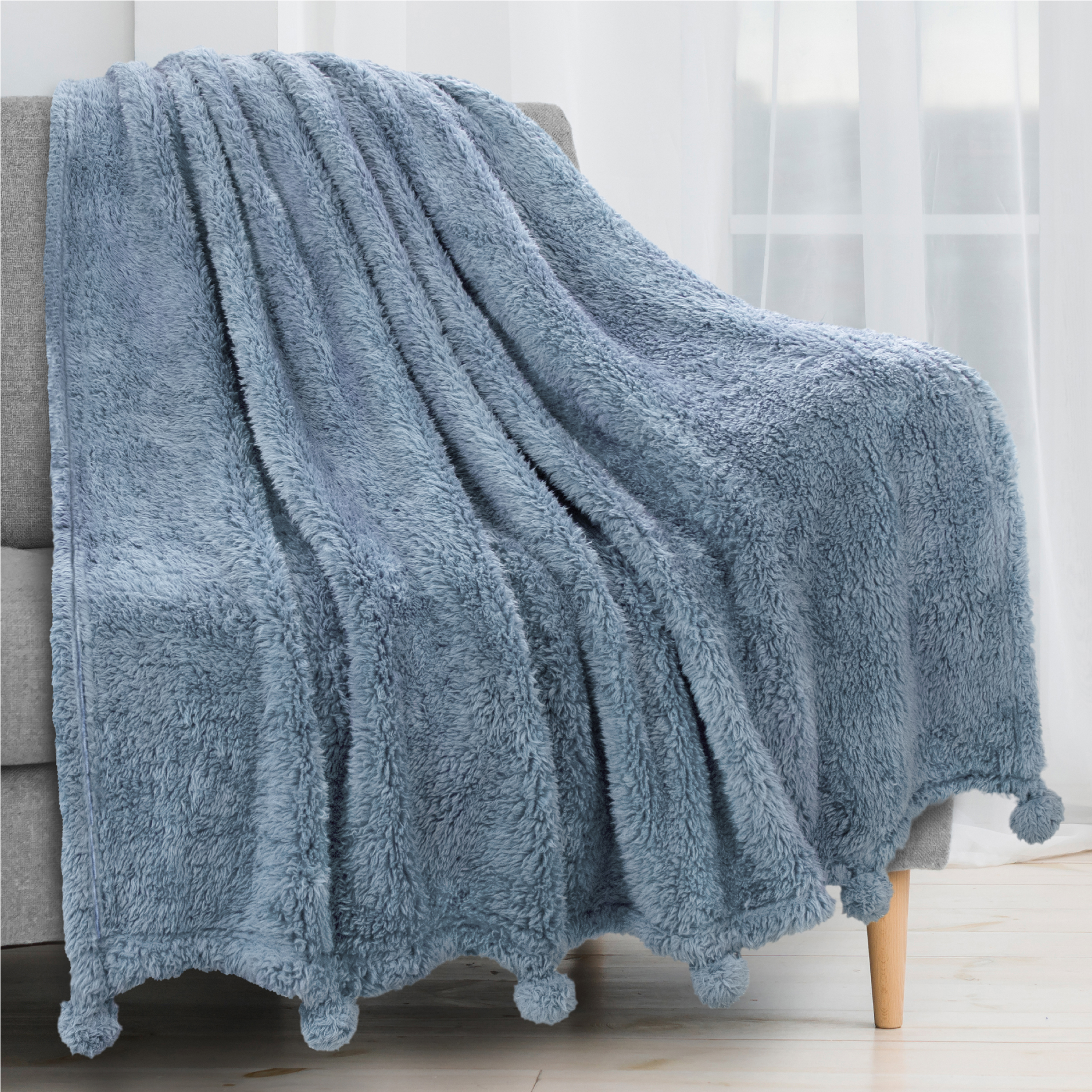 Soft Fuzzy Cozy Pom Pom Throw Blanket with Fluffy Sherpa Fleece for Sofa Couch - Picture 24 of 100
