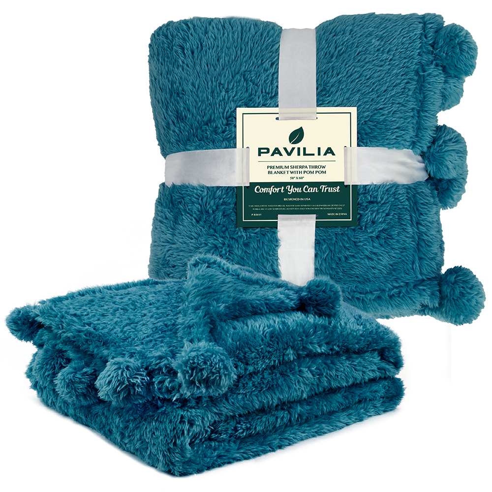Soft Fuzzy Cozy Pom Pom Throw Blanket with Fluffy Sherpa Fleece for Sofa Couch - Picture 87 of 100