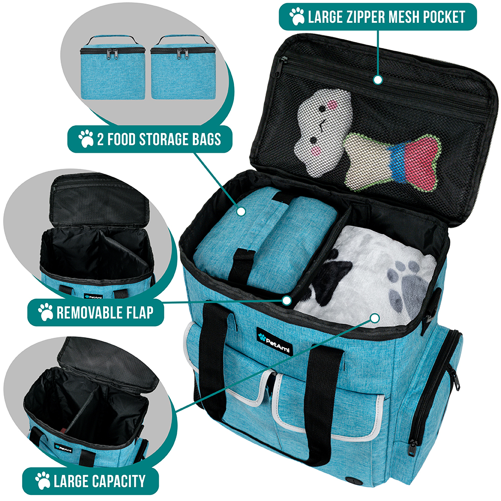 Dog Travel Bag Supplies Pet Organizer Set Pet Food Container Bowls Weekend Cat - Picture 34 of 36