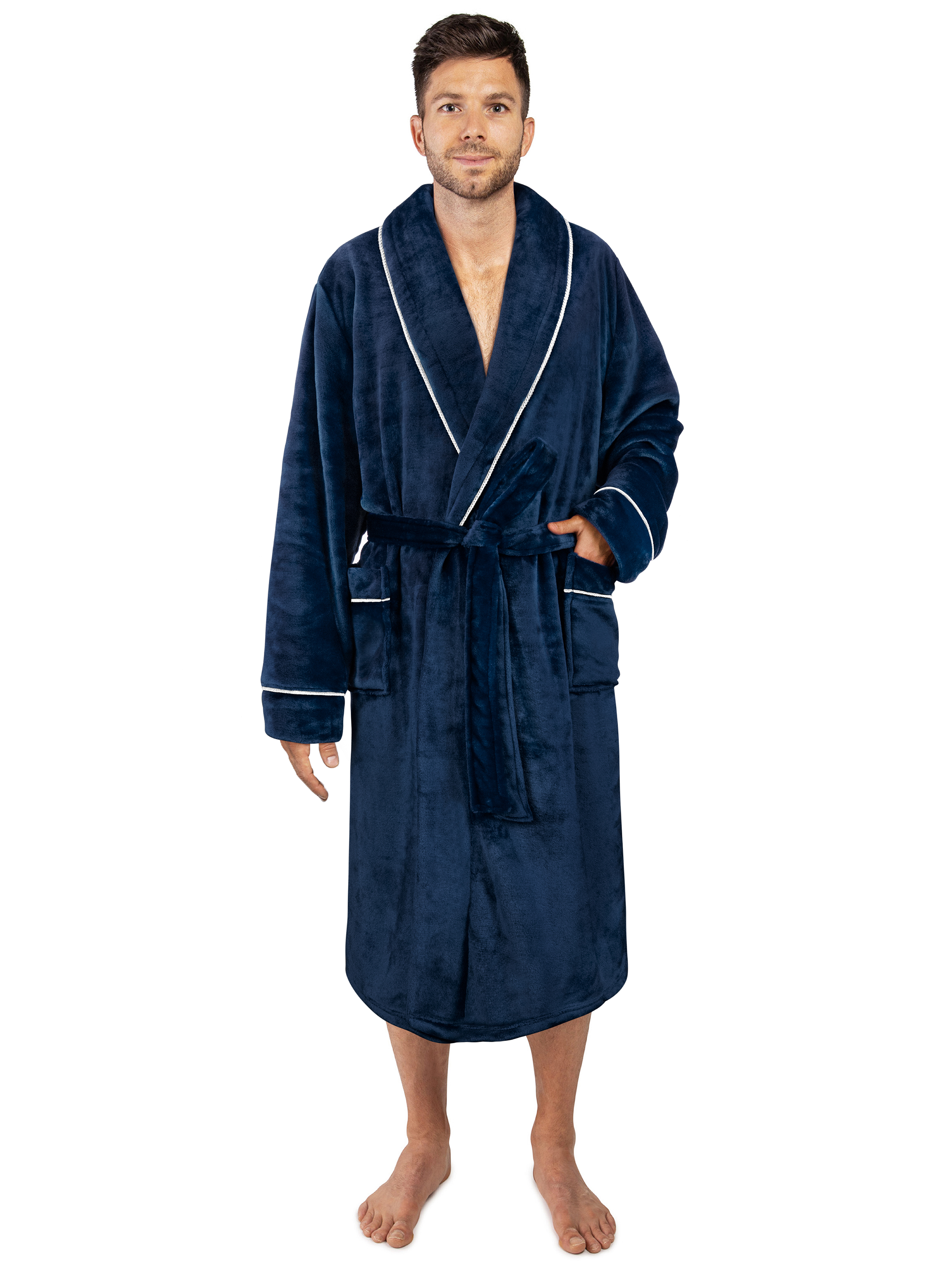 Men Warm Fleece Robe Microfiber Bathrobe Shawl Collar Long Spa Robe  Sleepwear