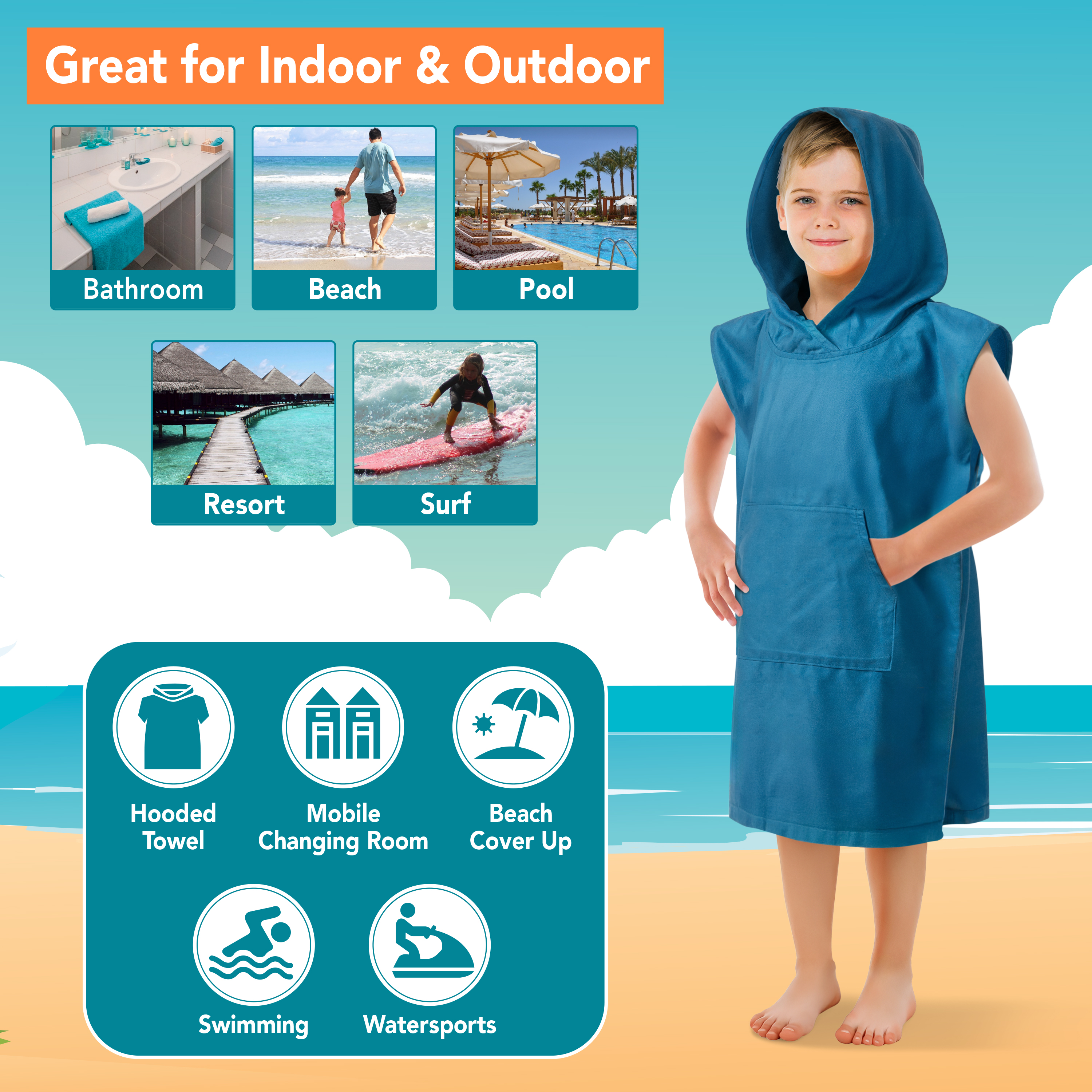 Kids Towel Changing Swim Robe Surf Poncho Quick Dry Microfiber Hooded 3-7 Years - Picture 20 of 43