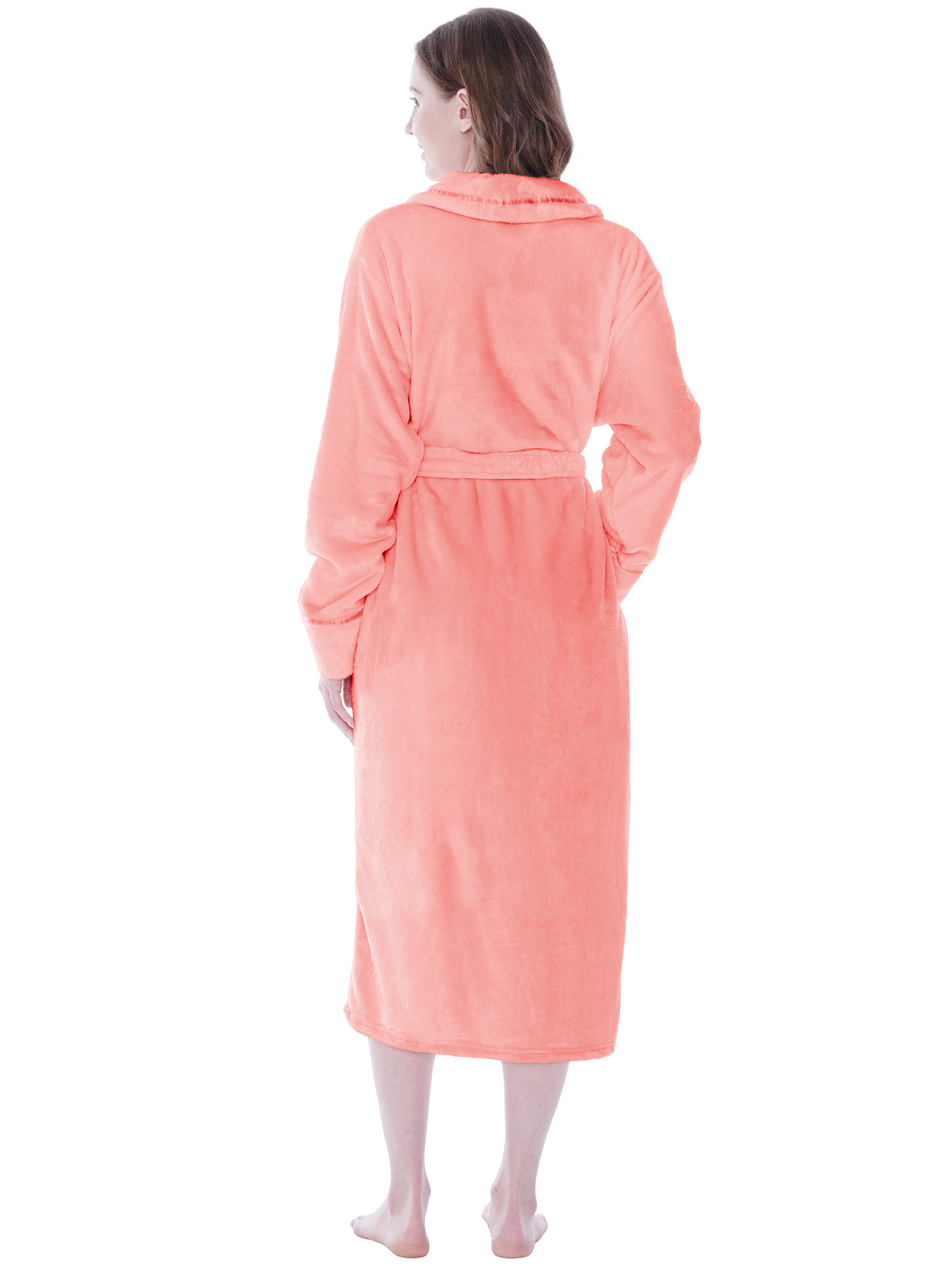 Womens Hooded Bathrobe Ladies Fluffy Sherpa Spa Long Robe Shawl Collar Soft  Warm