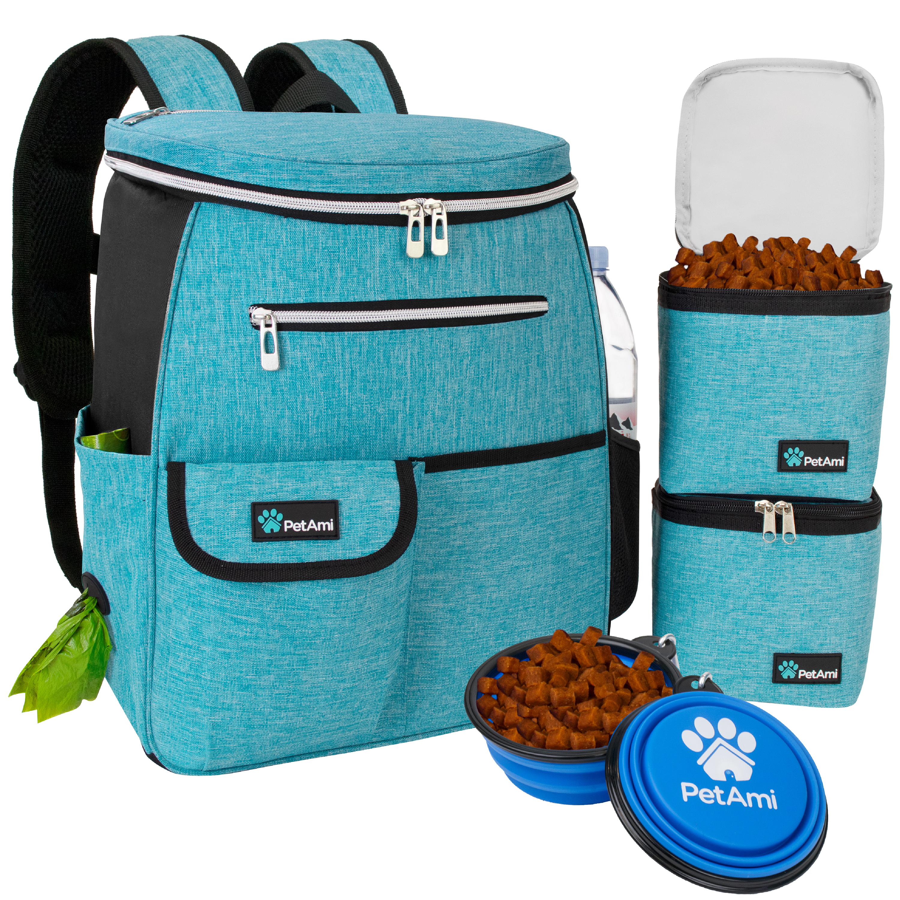 Dog Travel Bag Supply Backpack Traveling Organizer Set Pet Food Container Bowl