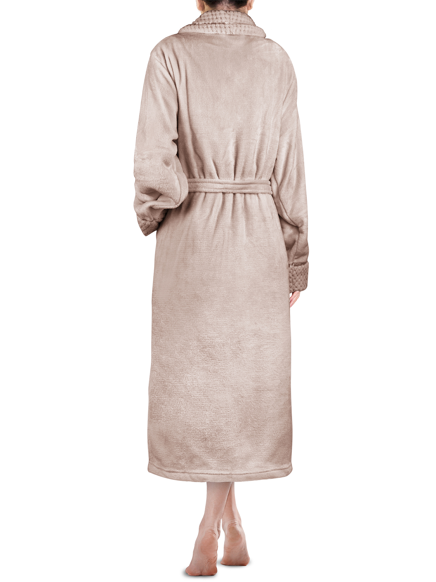 Womens Fleece Robe with Waffle Trim Plush Soft Warm Long Spa Night Bathrobe Lady