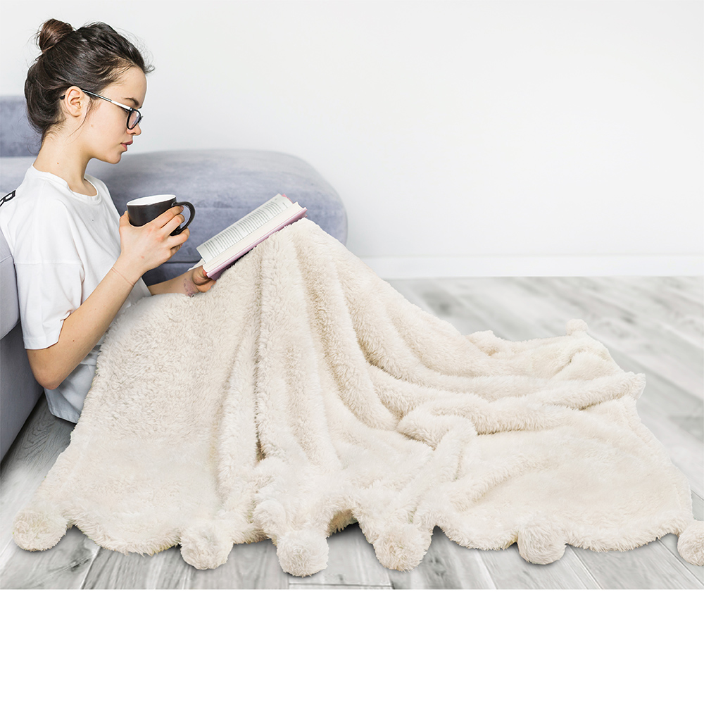 Soft Fuzzy Cozy Pom Pom Throw Blanket with Fluffy Sherpa Fleece for Sofa Couch - Picture 18 of 100