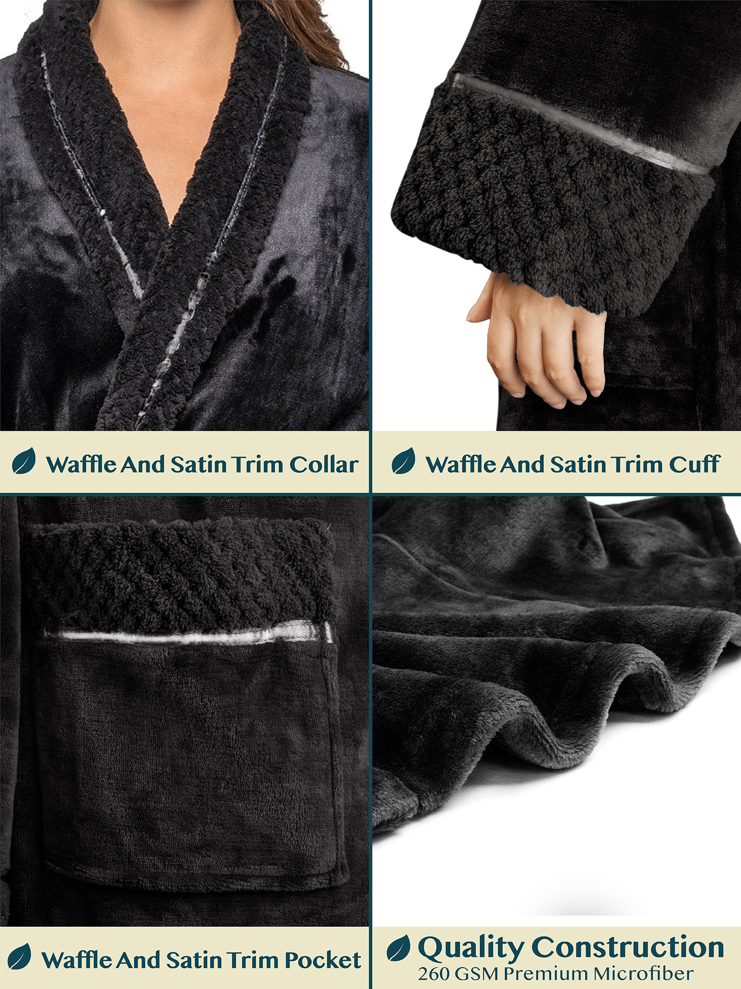 Womens Fleece Robe with Waffle Trim Plush Soft Warm Long Spa Night Bathrobe Lady