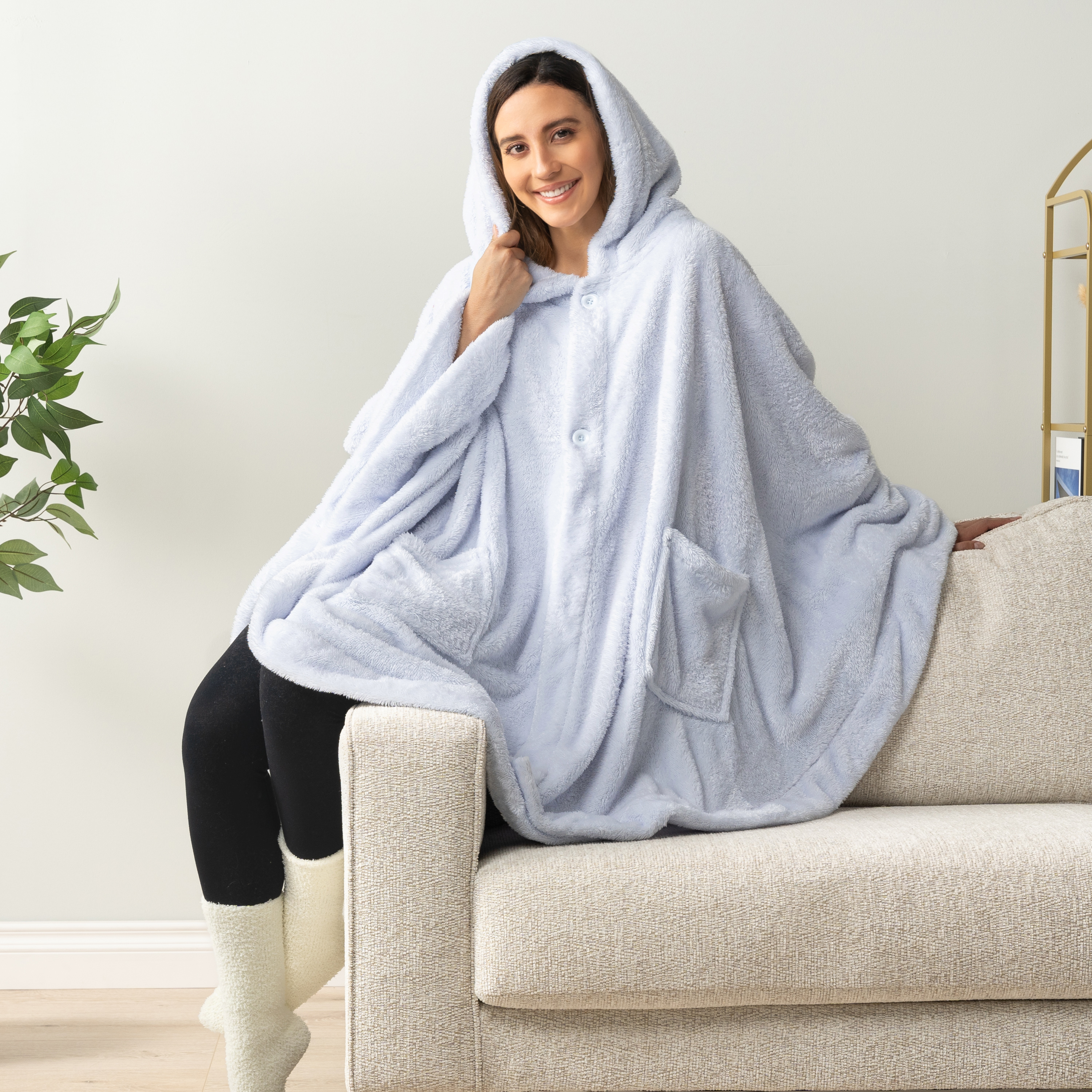 Poncho Manta con Capucha Usable Mantón Envoltura Capucha Bolsillos Suave Esponjoso Regalo - Imagen 40 de 81