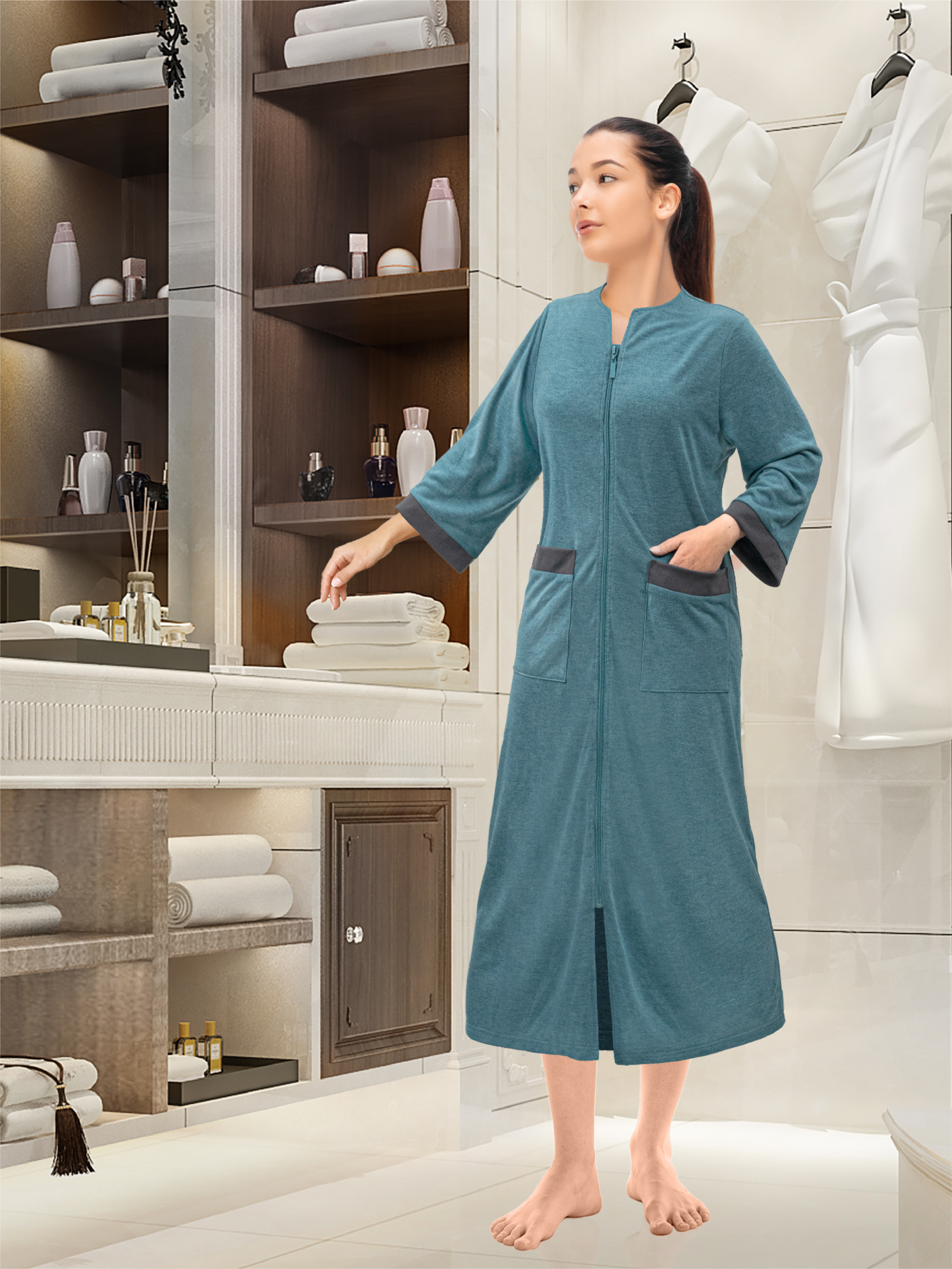 Mujeres Cremallera Abrigo Tumbona Cremallera Damas Bata Ligero Casa Abrigo Vestido - Imagen 29 de 40