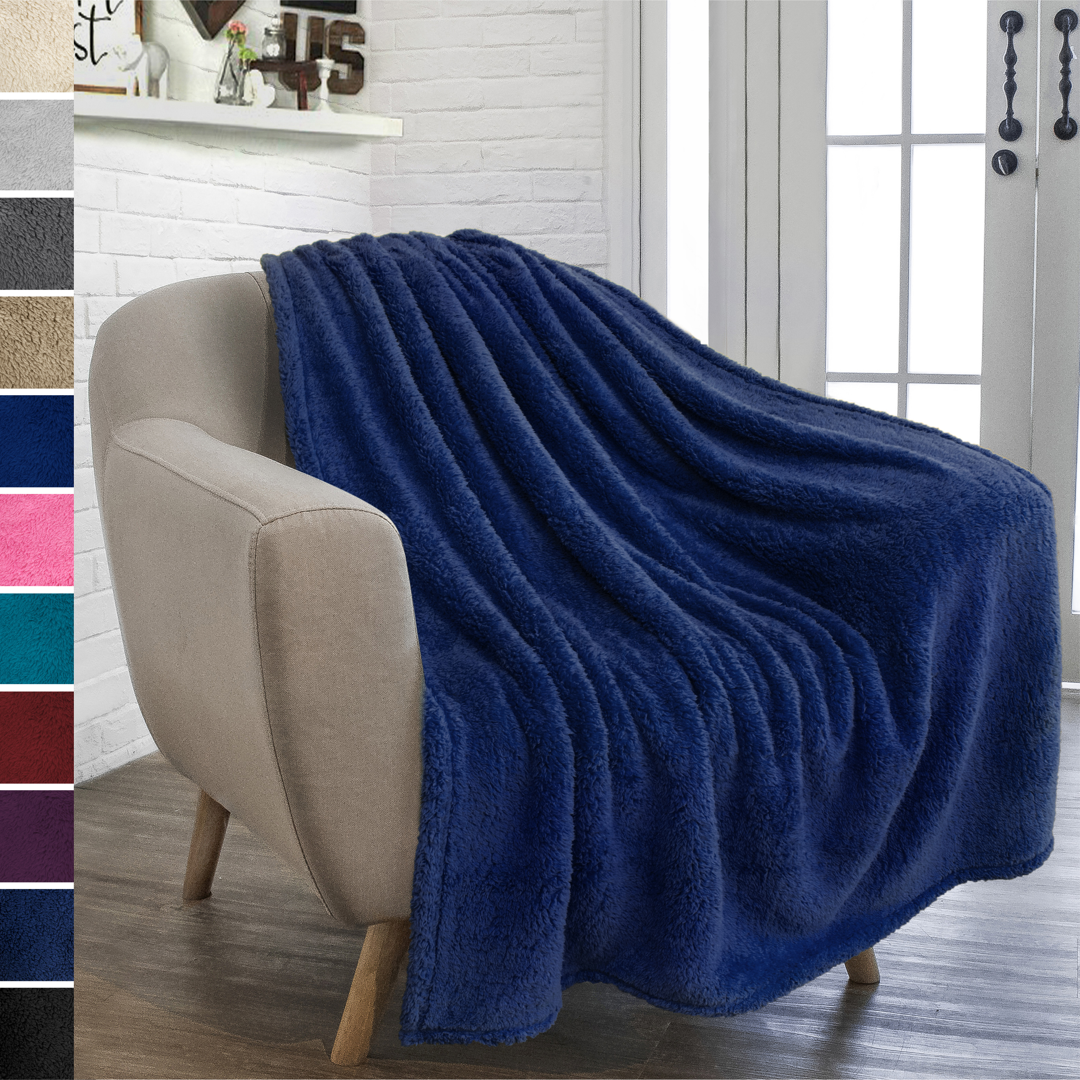 Blue Soft Sherpa Faux Fur Blankets for Sofa Couch Bed Fleece Throw Blanket Cozy Warm Throws for Kids Adult 50x60 inch 