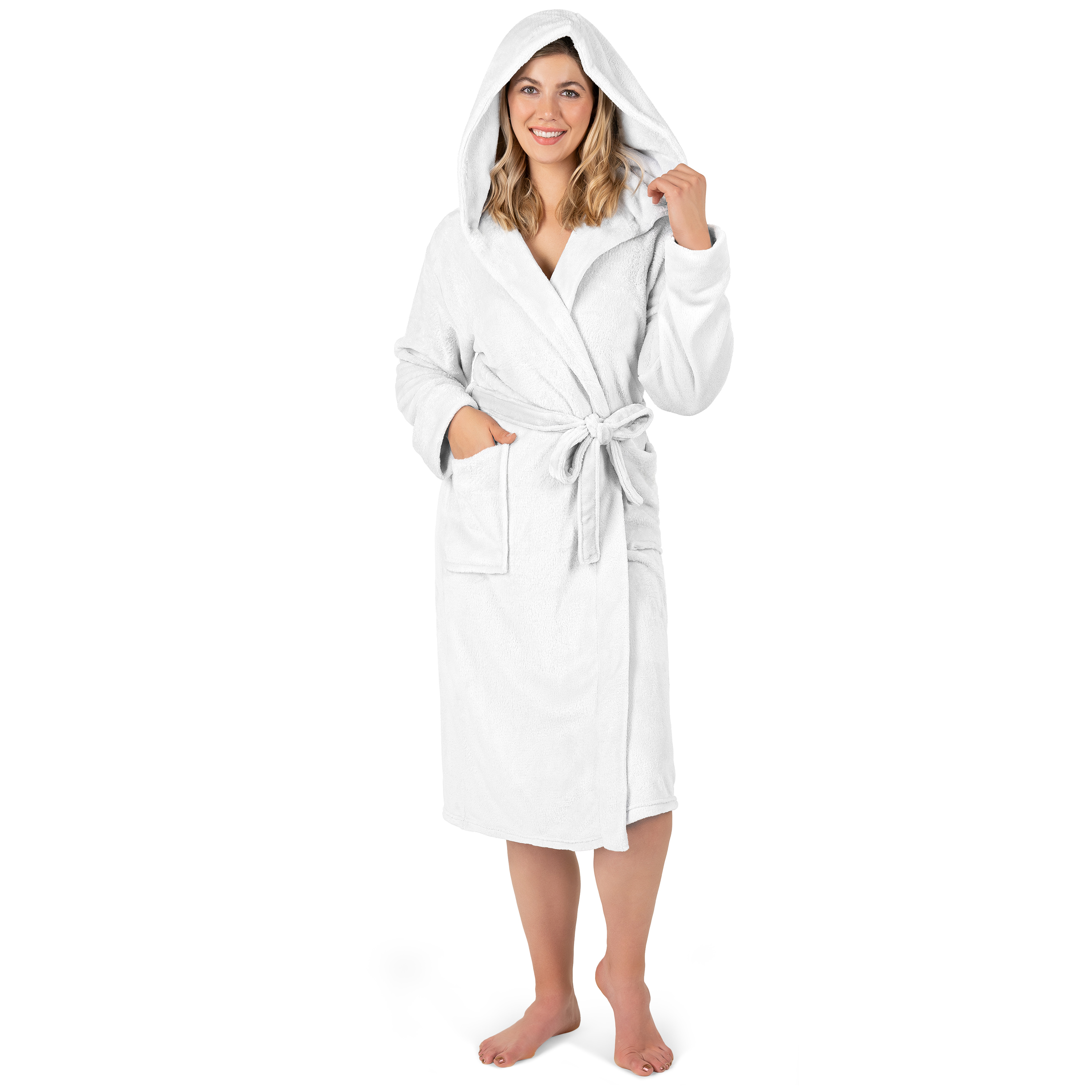 Womens Robe with Hood Fleece Plush Soft Long Hooded Robe Bathrobe for Spa Bath