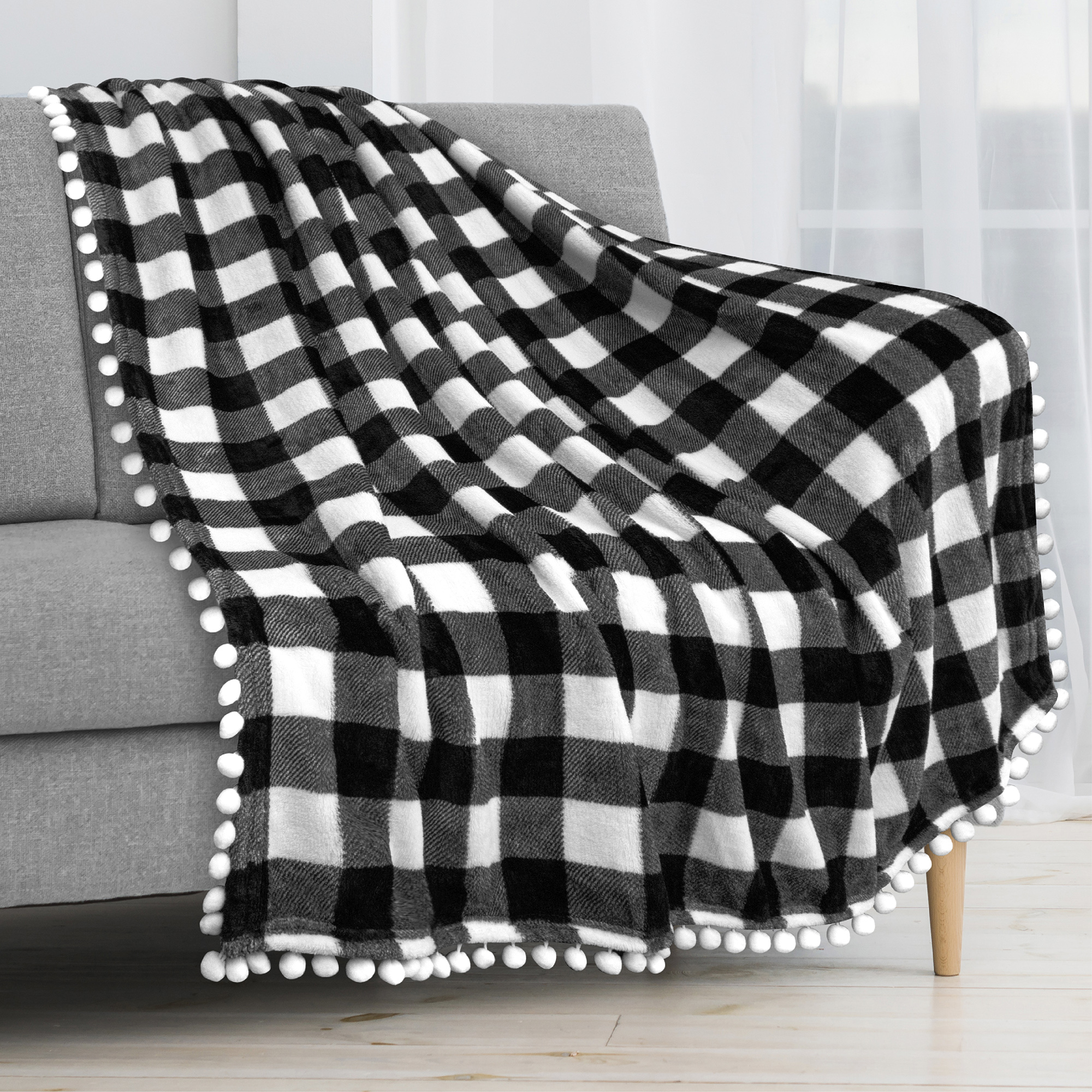 thumbnail 30 - Plaid Buffalo Checker Pom Pom Fringe Throw Blanket Soft Fleece for Sofa Couch