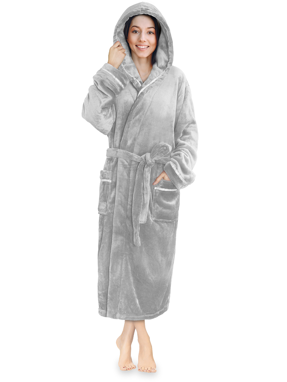 Womens Fleece Hooded Robe Plush Warm Long Luxury Spa Night Bathrobe ...