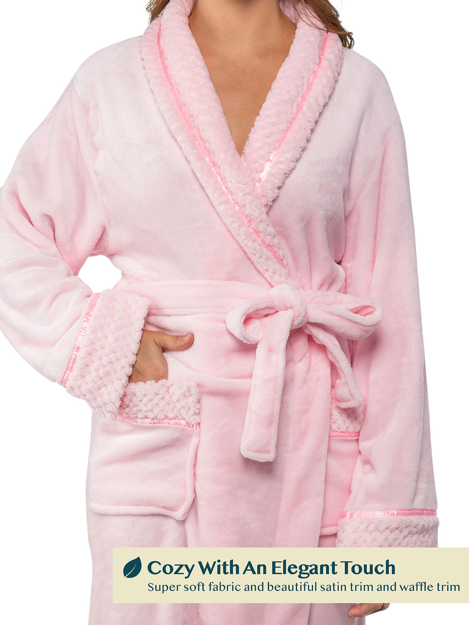 Womens Fleece Robe with Waffle Trim Plush Soft Warm Long Spa Night Bathrobe Lady