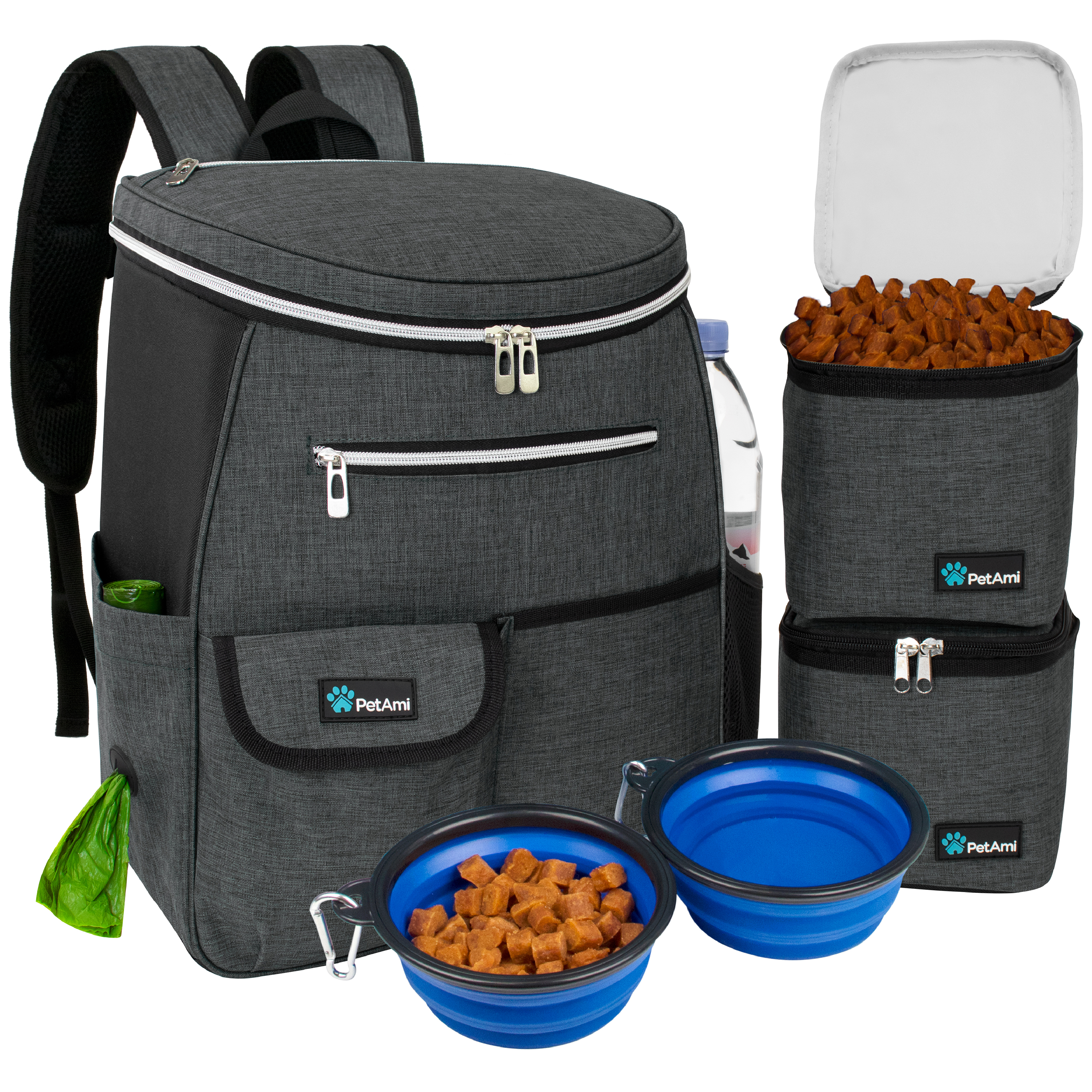 Dog Travel Bag Supply Backpack Traveling Organizer Set Pet Food Container Bowl