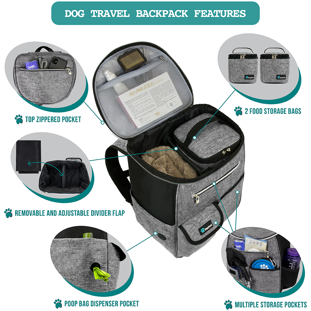 Dog Travel Bag Supply Backpack Traveling Organizer Set Pet Food Container Bowl