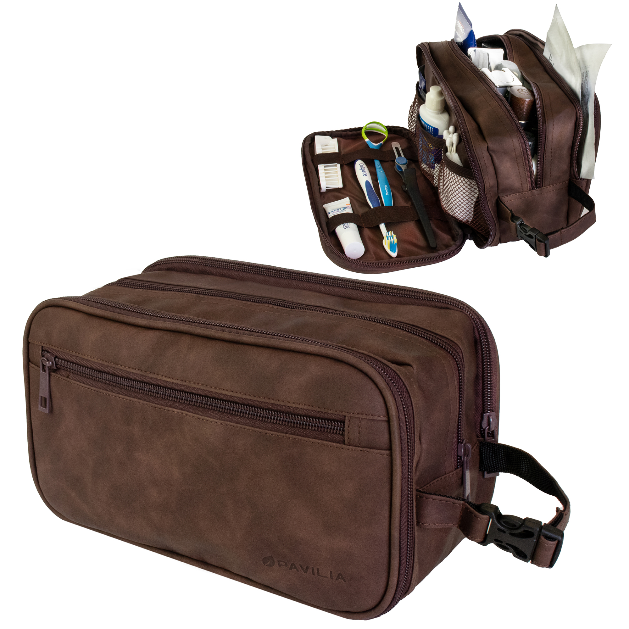 Mens Toiletry Bag With Zipper PU Leather Case Organizer Portable Travel 