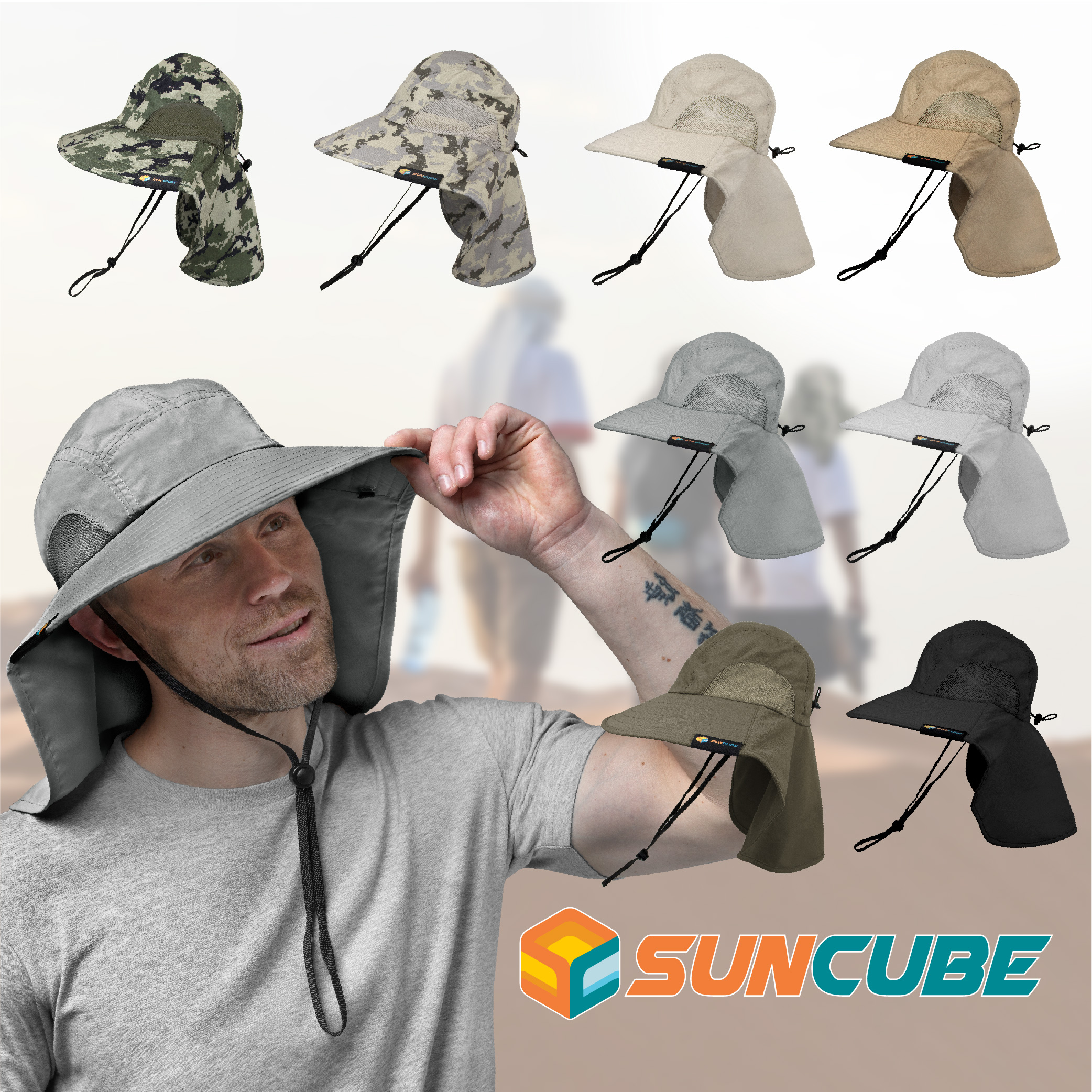 Sun Cube Wide Brim Sun Hat with Neck Flap, UPF50+ Hiking Safari Fishing Hat for Womens, Sun Protection Beach Hat (Beige with Bow)