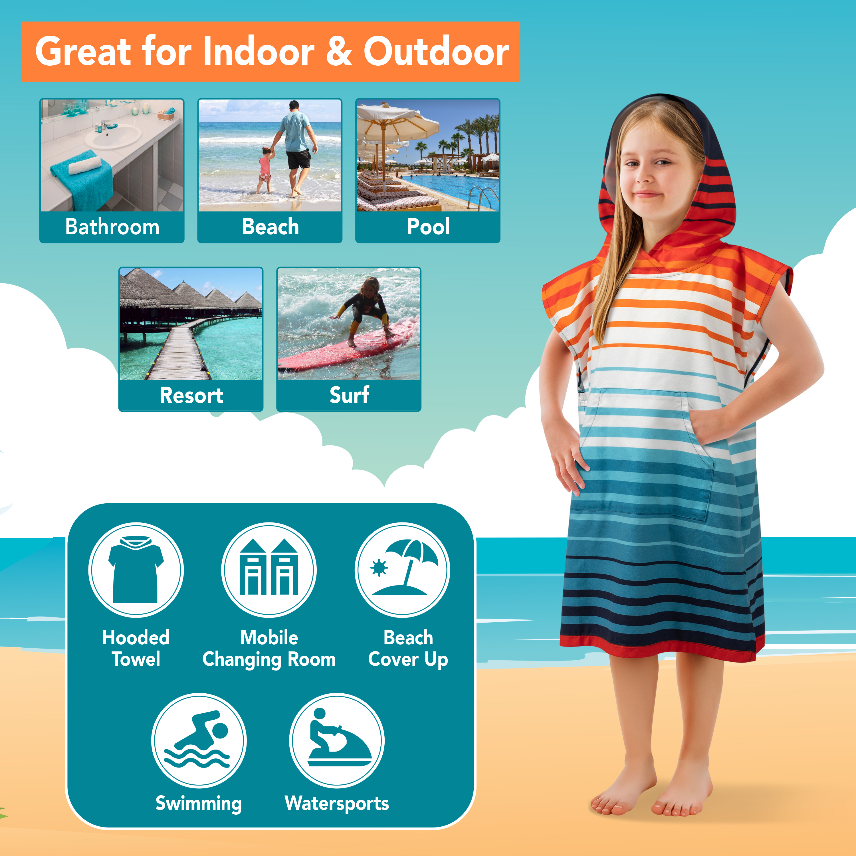 Kids Towel Changing Swim Robe Surf Poncho Quick Dry Microfiber Hooded 3-7 Years - Picture 6 of 43