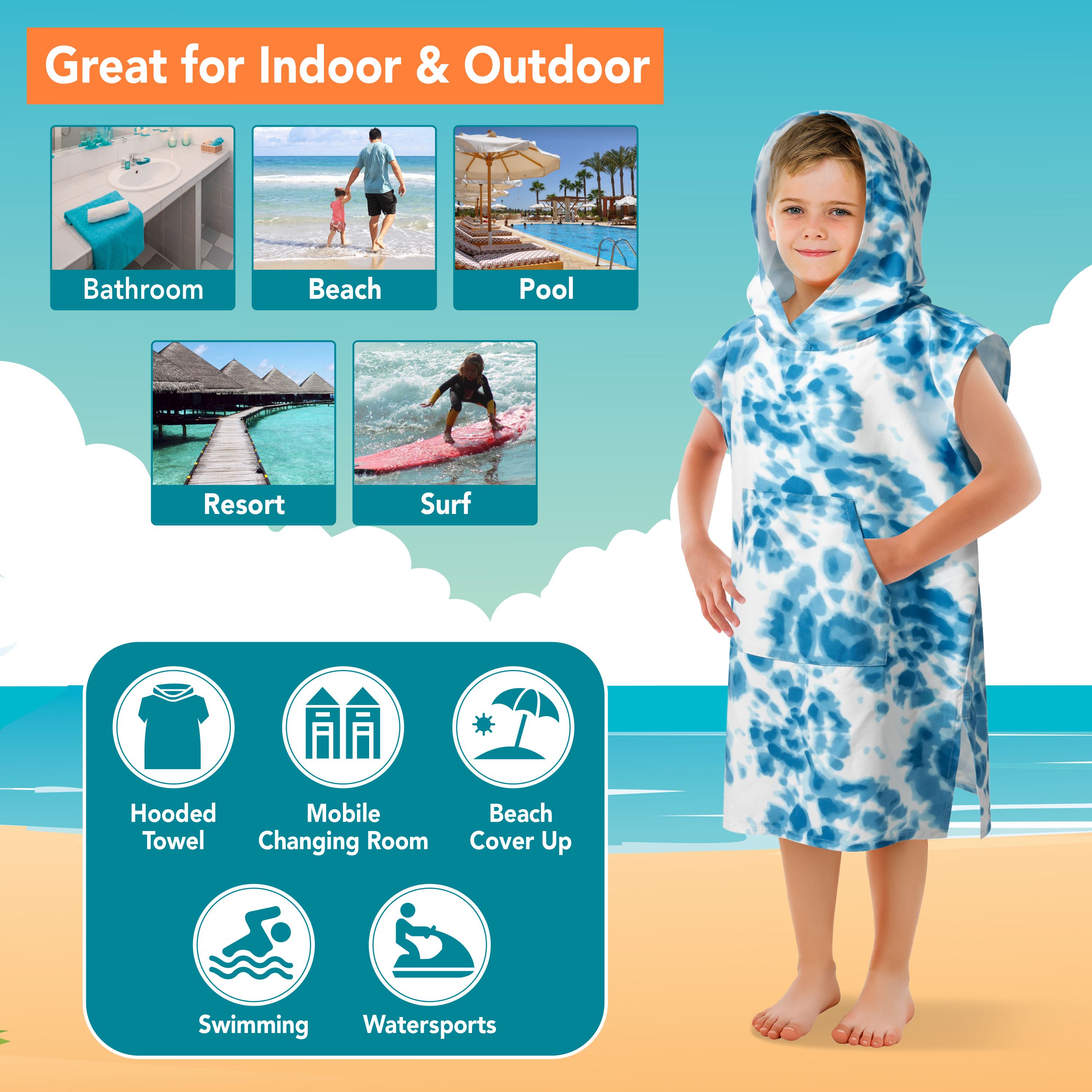 Kids Towel Changing Swim Robe Surf Poncho Quick Dry Microfiber Hooded 3-7 Years - Picture 41 of 43