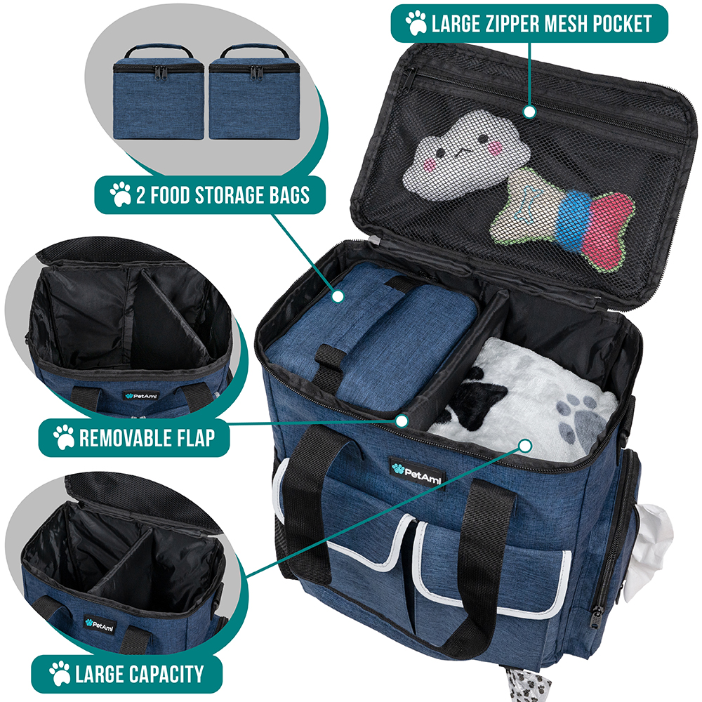 Dog Travel Bag Supplies Pet Organizer Set Pet Food Container Bowls Weekend Cat - Picture 13 of 36