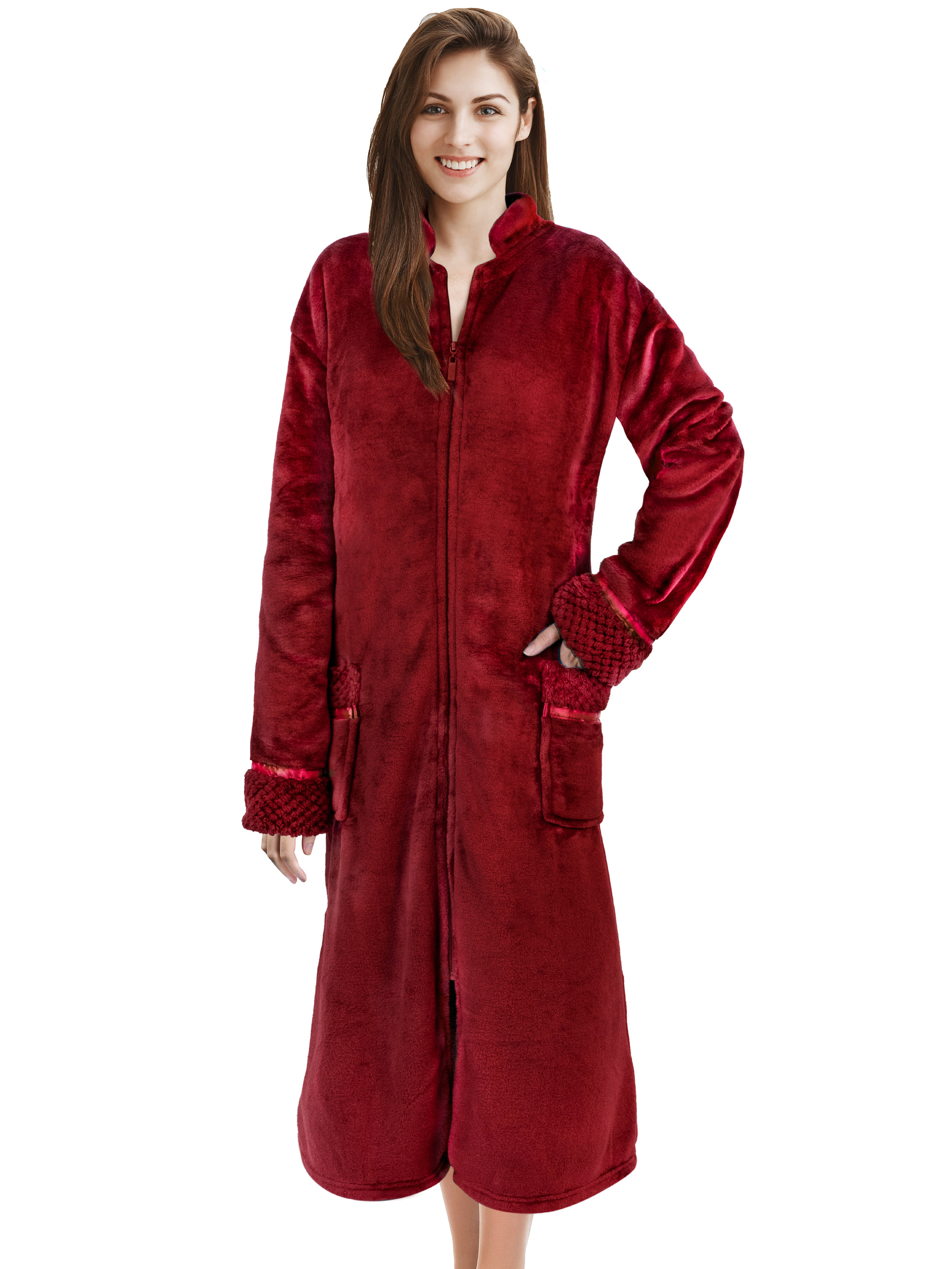 Womens Hooded Bathrobe Ladies Fluffy Sherpa Spa Long Robe Shawl Collar Soft  Warm