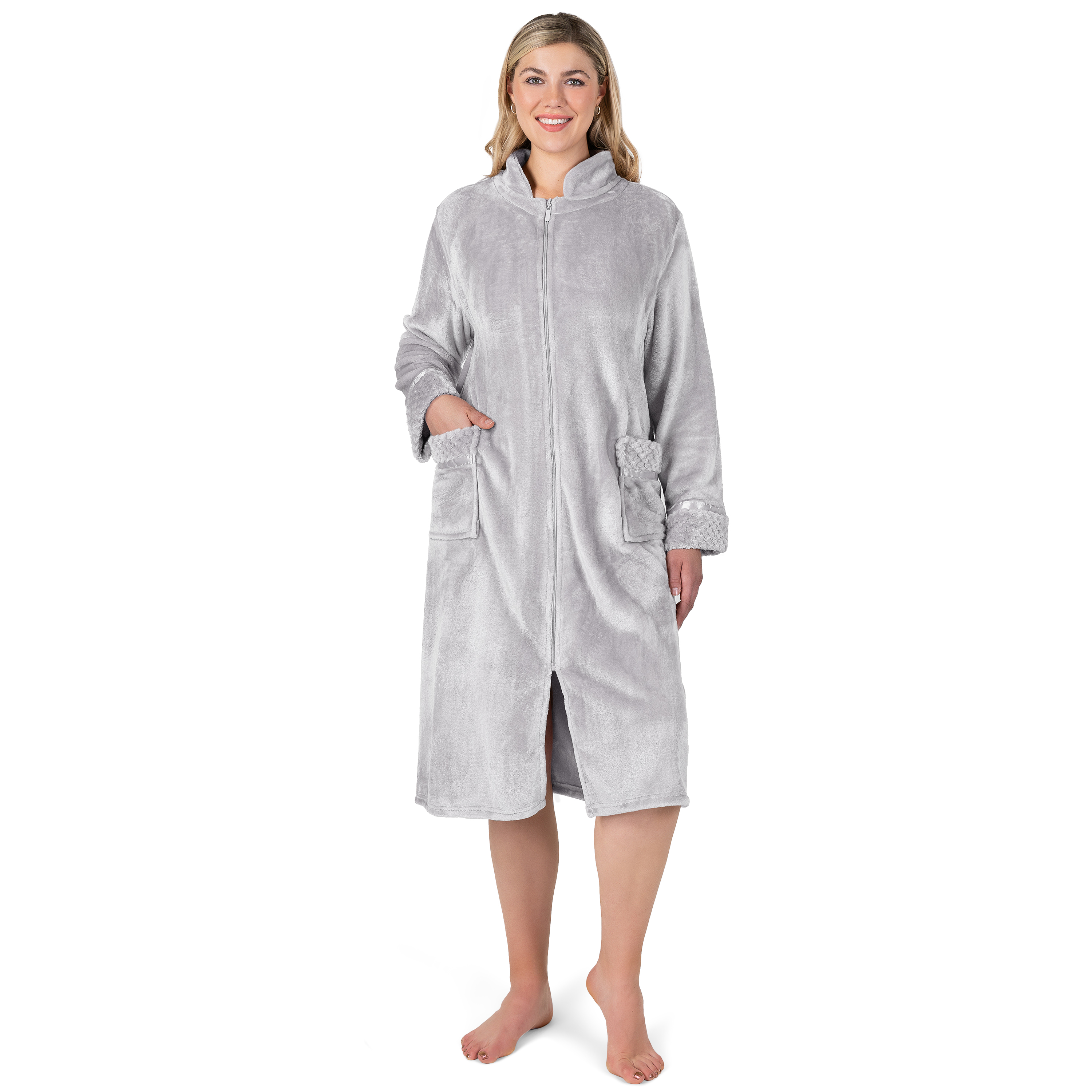Women Zipper Robe Housecoat Lounger Zip Up Robe Full Length Satin Trim Ladies - Picture 30 of 89