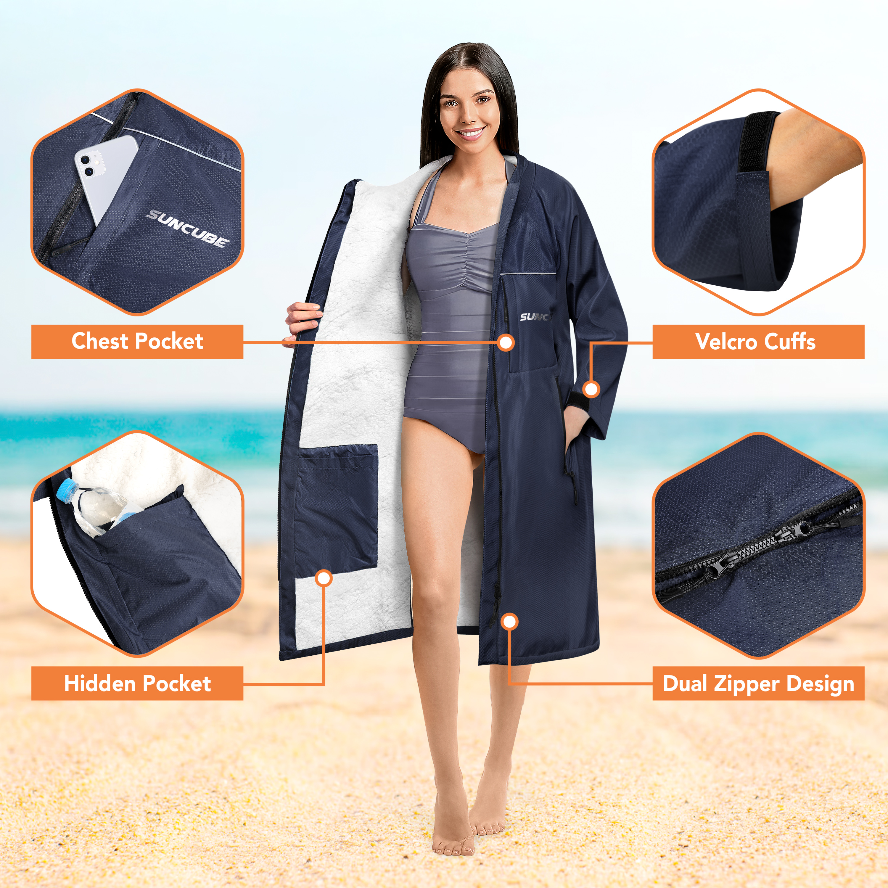 Adult Swim Parka Warm Sherpa Hooded Water Resistant for Swimming Surf Men Women - Picture 19 of 30