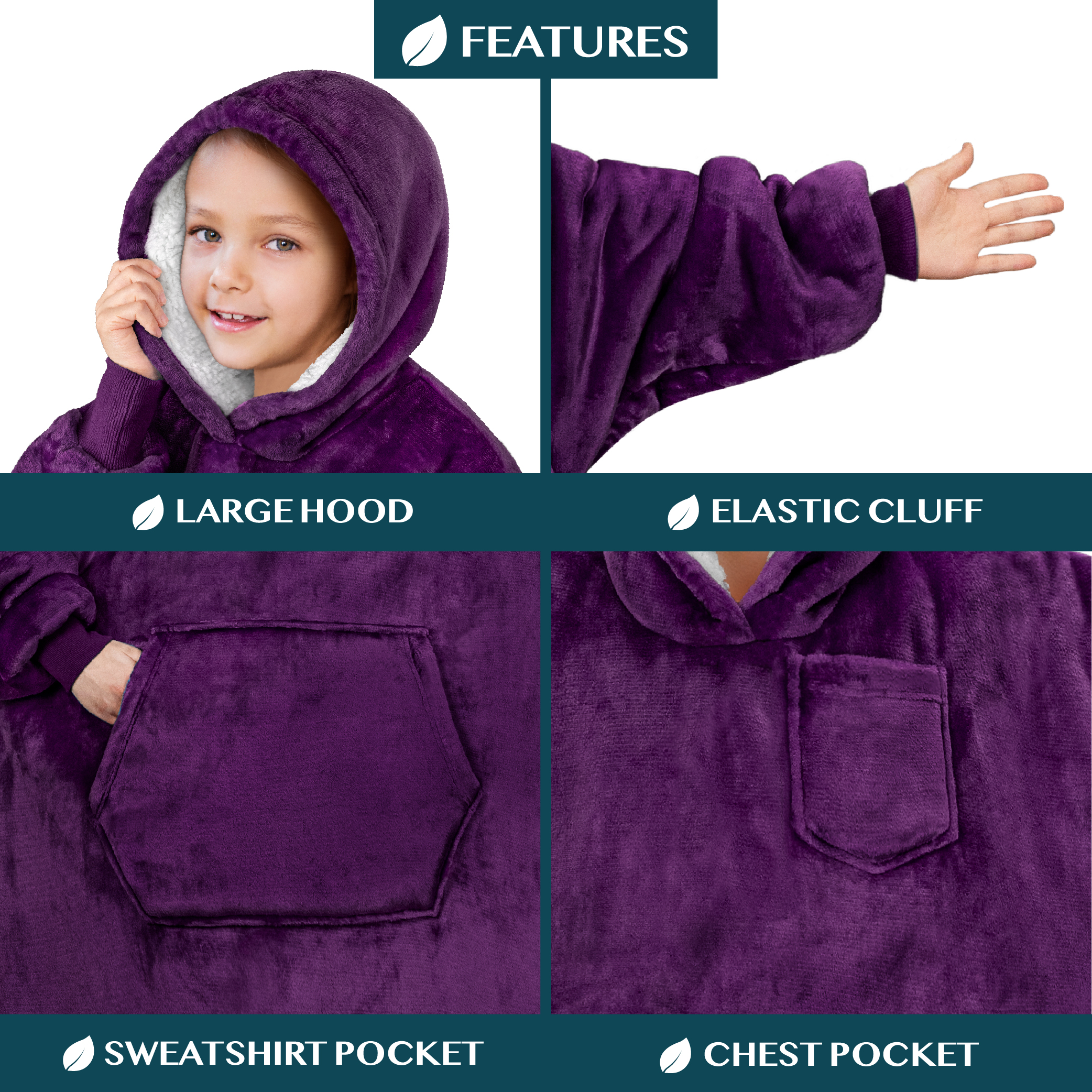 Blanket Sweatshirt Sherpa Lining Comfy Fleece Oversized Hoodie for Kids Teens JR - Picture 45 of 71