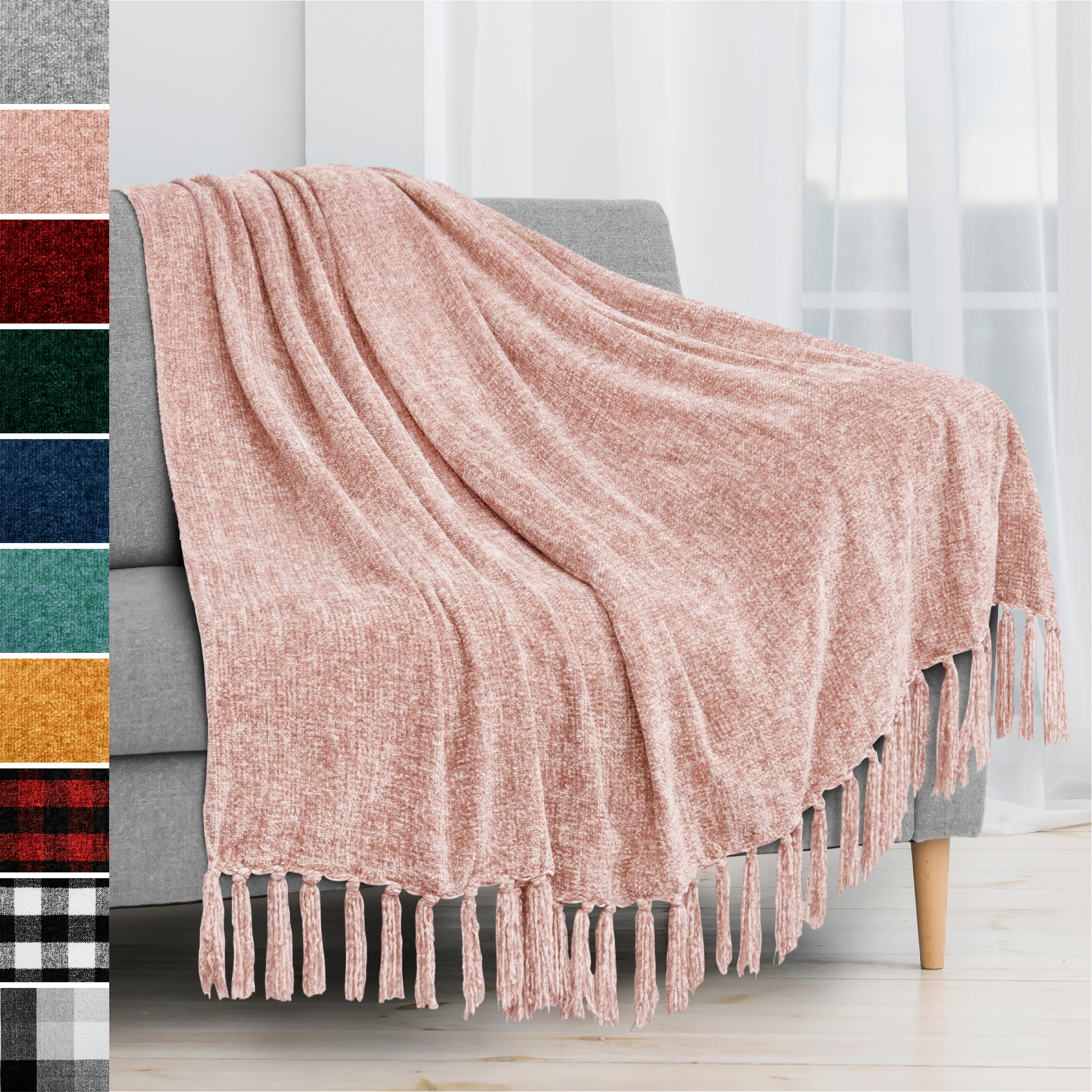 Lightweight Soft Cozy for Bed Sofa Chair White, 125x152cm BOURINA Fluffy Chenille Knitted Fringe Throw Blanket 
