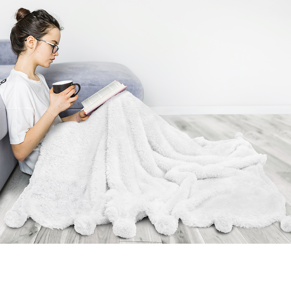 Soft Fuzzy Cozy Pom Pom Throw Blanket with Fluffy Sherpa Fleece for Sofa Couch - Picture 97 of 100