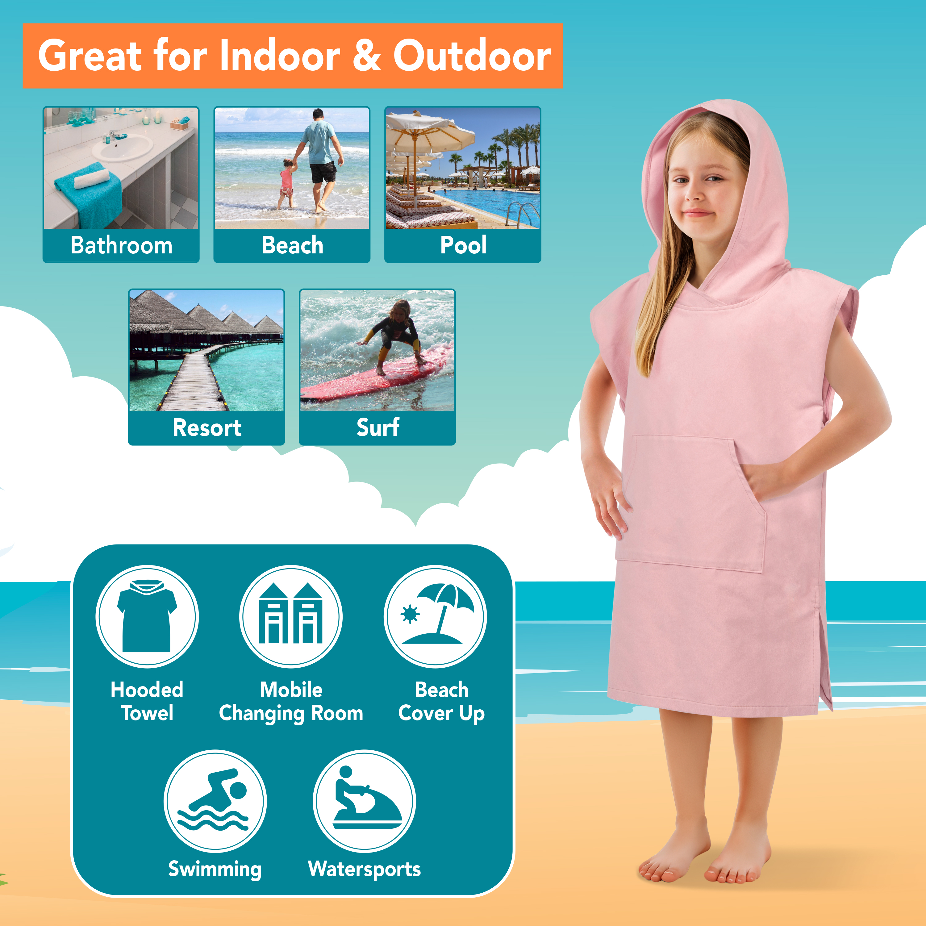 Kids Towel Changing Swim Robe Surf Poncho Quick Dry Microfiber Hooded 3-7 Years - Picture 13 of 43
