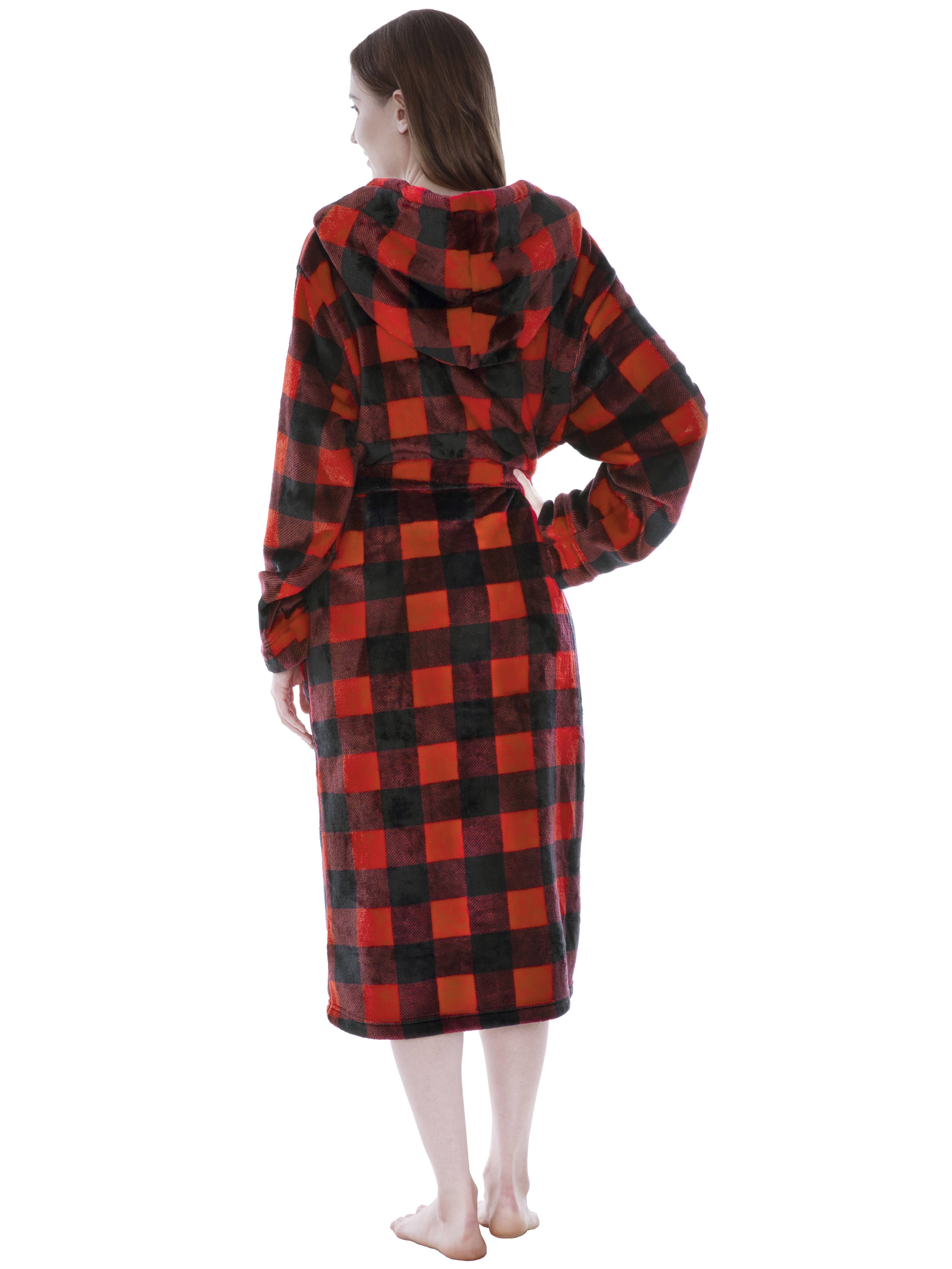 Womens Fleece Hooded Robe Plush Warm Red Buffalo Plaid Bathrobe Bath Robe Hood - Picture 3 of 8