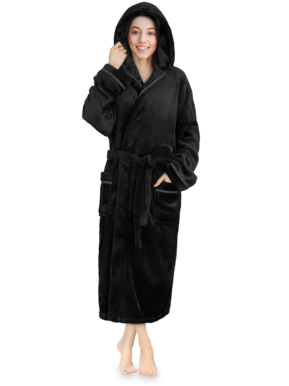 Womens Fleece Hooded Robe Plush Warm Long Luxury Spa Night Bathrobe Sleepwear Ebay