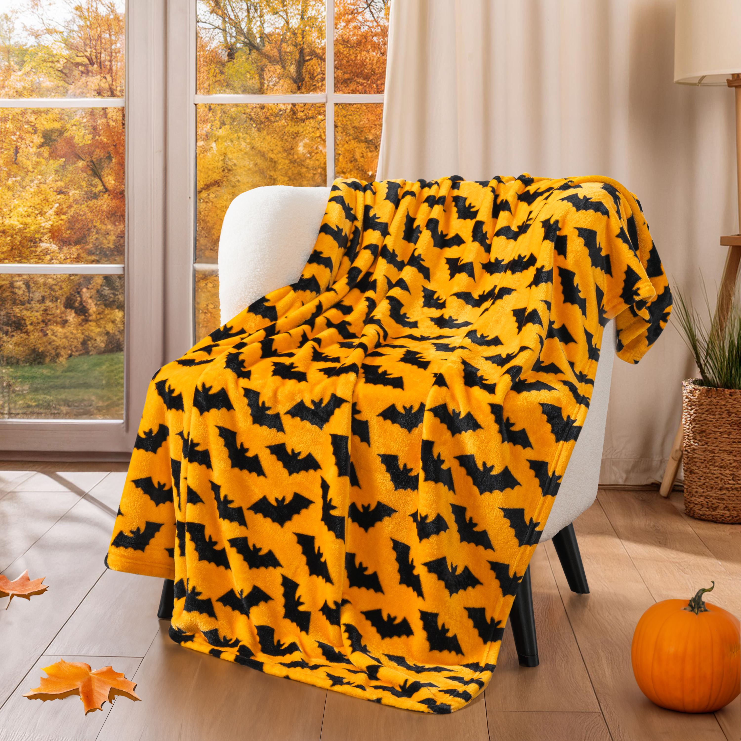 Pumpkin Theme Orange Fall Spooky Bats Microfiber Fleece