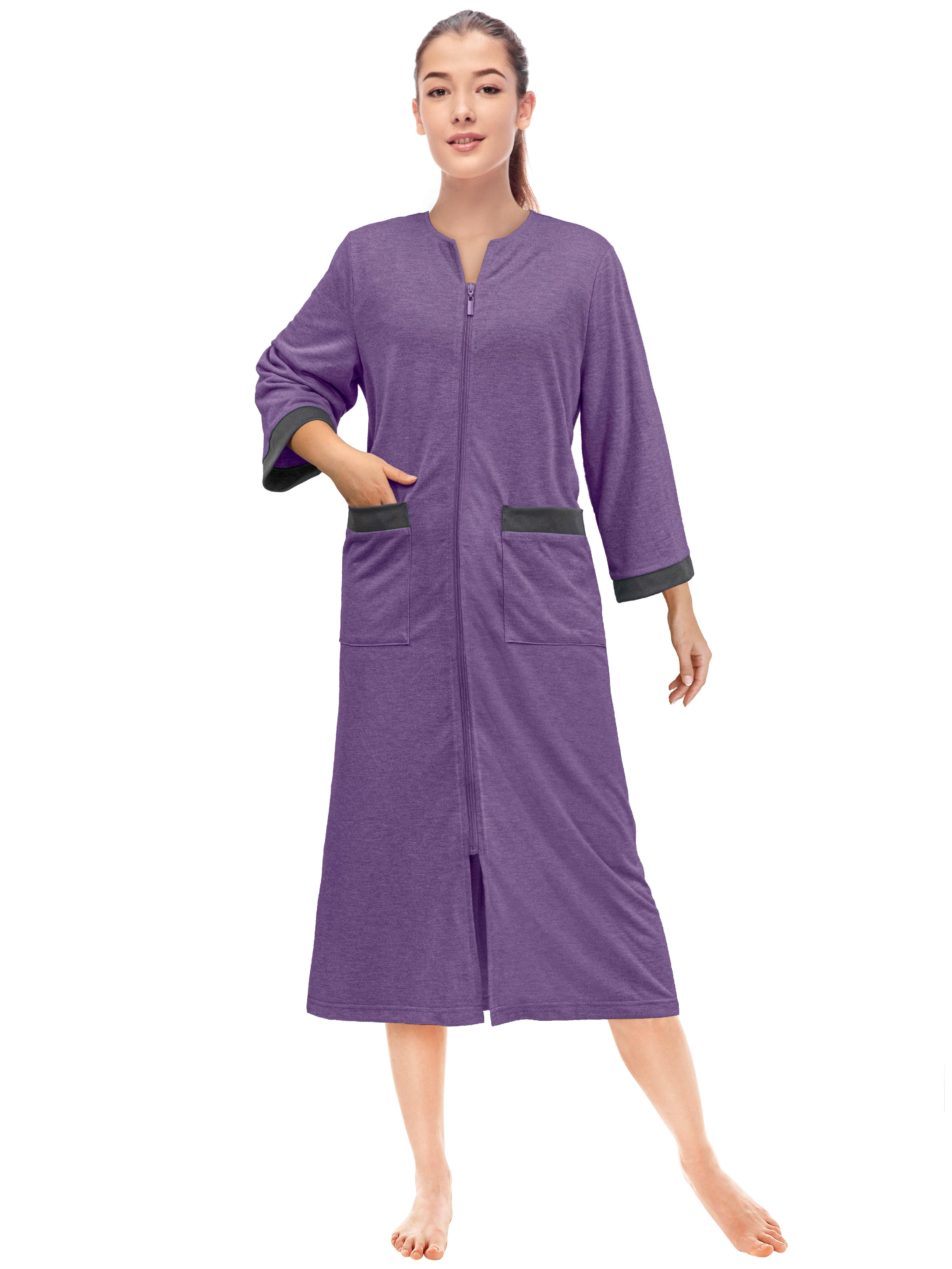 Womens Zipper Robe Long Sleeve Housecoat Zippered Dress Nightgown Lightweight - Picture 26 of 37