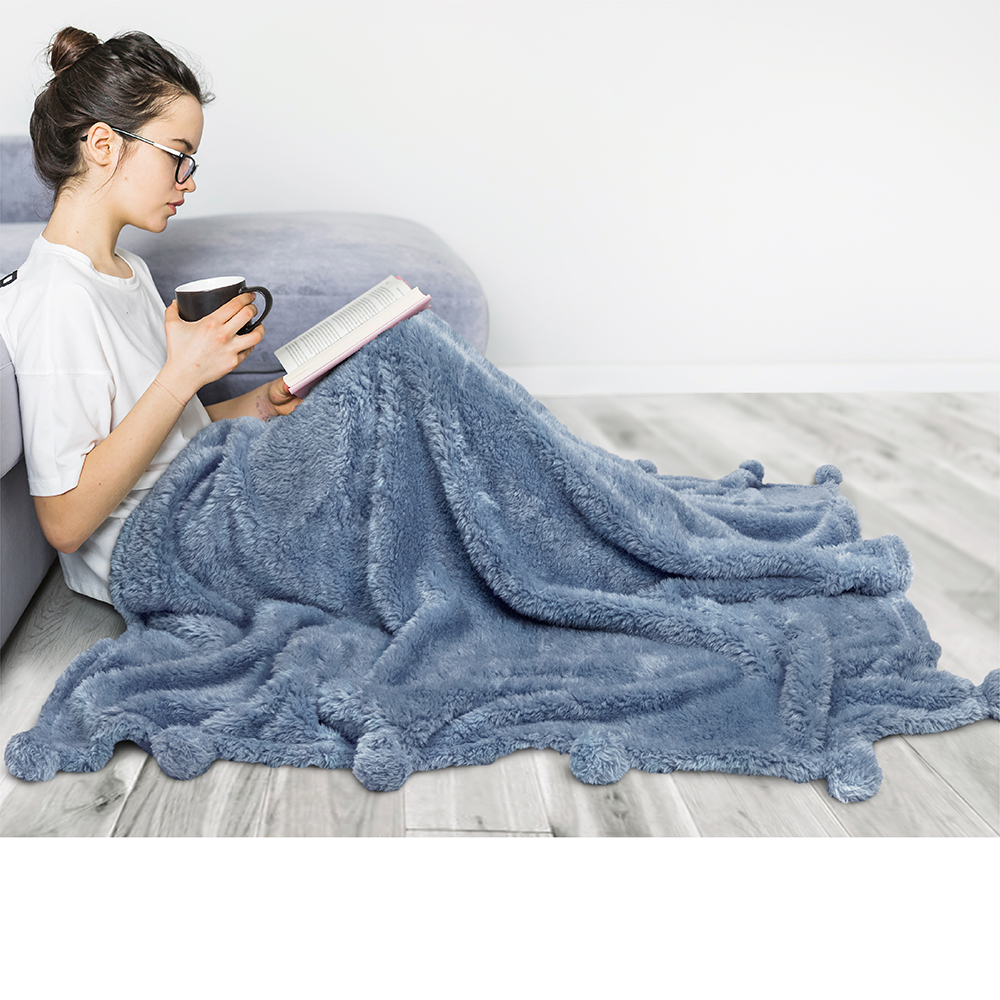Soft Fuzzy Cozy Pom Pom Throw Blanket with Fluffy Sherpa Fleece for Sofa Couch - Picture 28 of 100