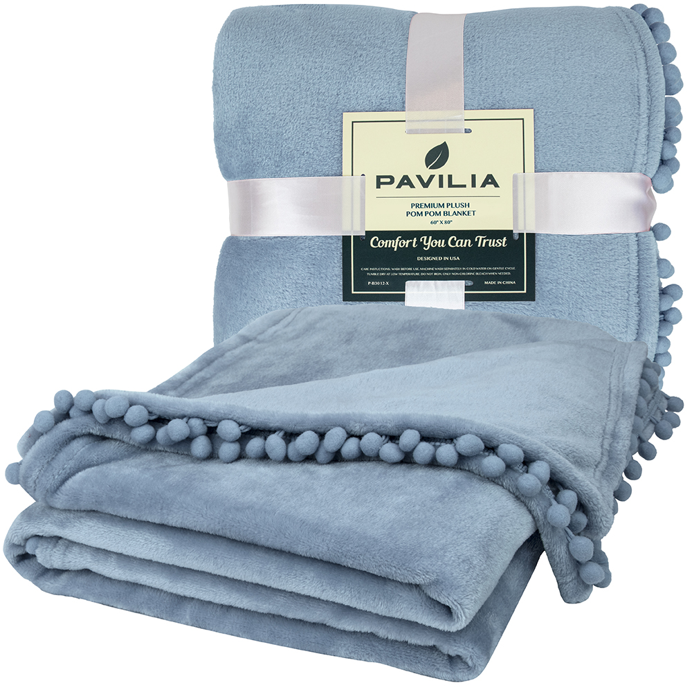 thumbnail 109 - Fleece Throw Blanket with Pom Pom Fringe Super Soft Lightweight Bed Couch Home