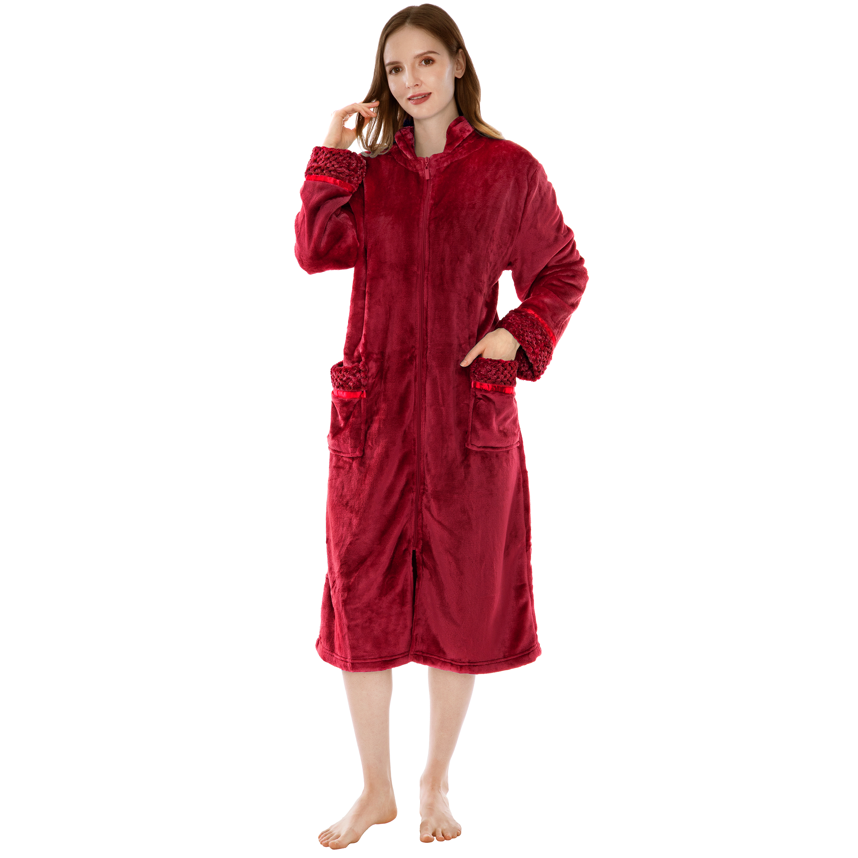 Women Zipper Robe Housecoat Lounger Zip Up Robe Full Length Satin Trim Ladies - Picture 82 of 89