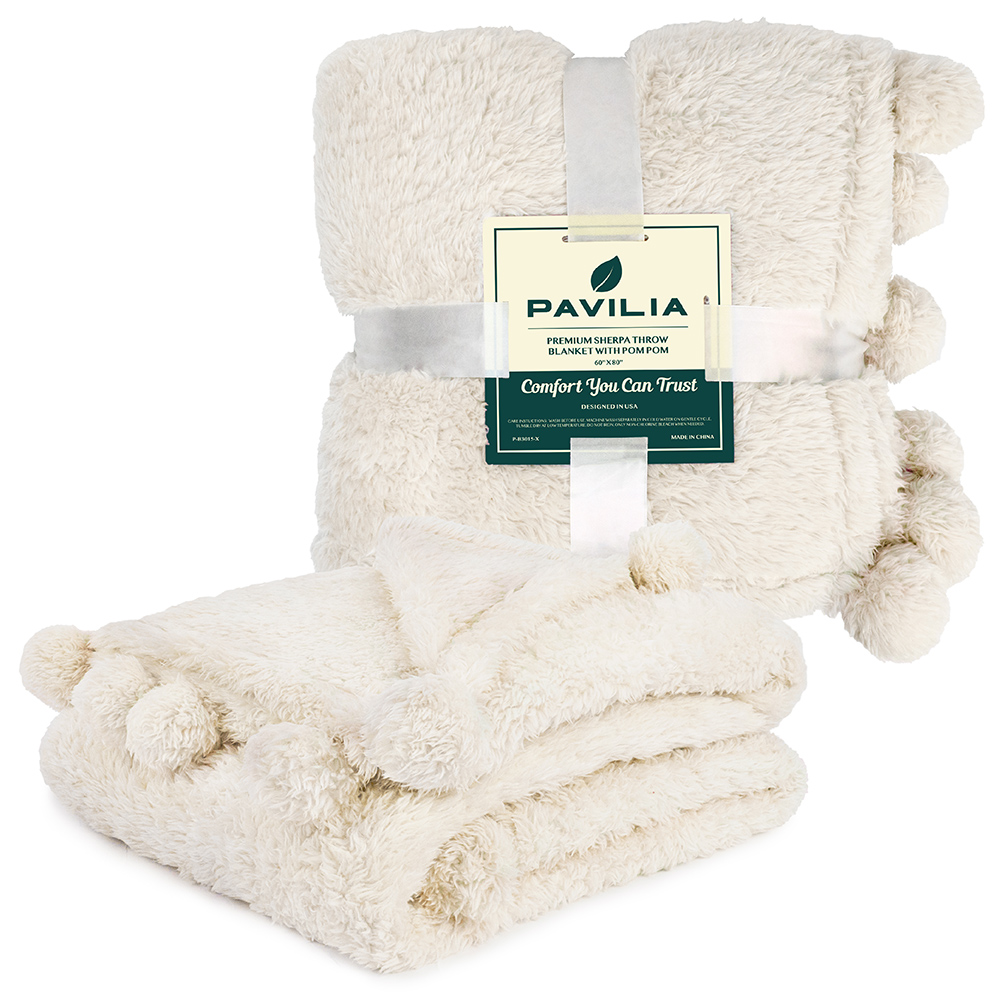 Soft Fuzzy Cozy Pom Pom Throw Blanket with Fluffy Sherpa Fleece for Sofa Couch - Picture 21 of 100